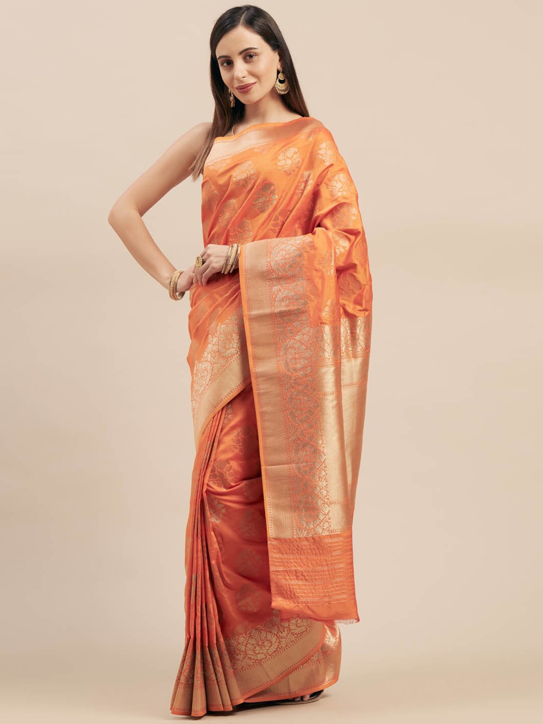 

Shaily Orange Ethnic Motifs Woven Design Zari Saree