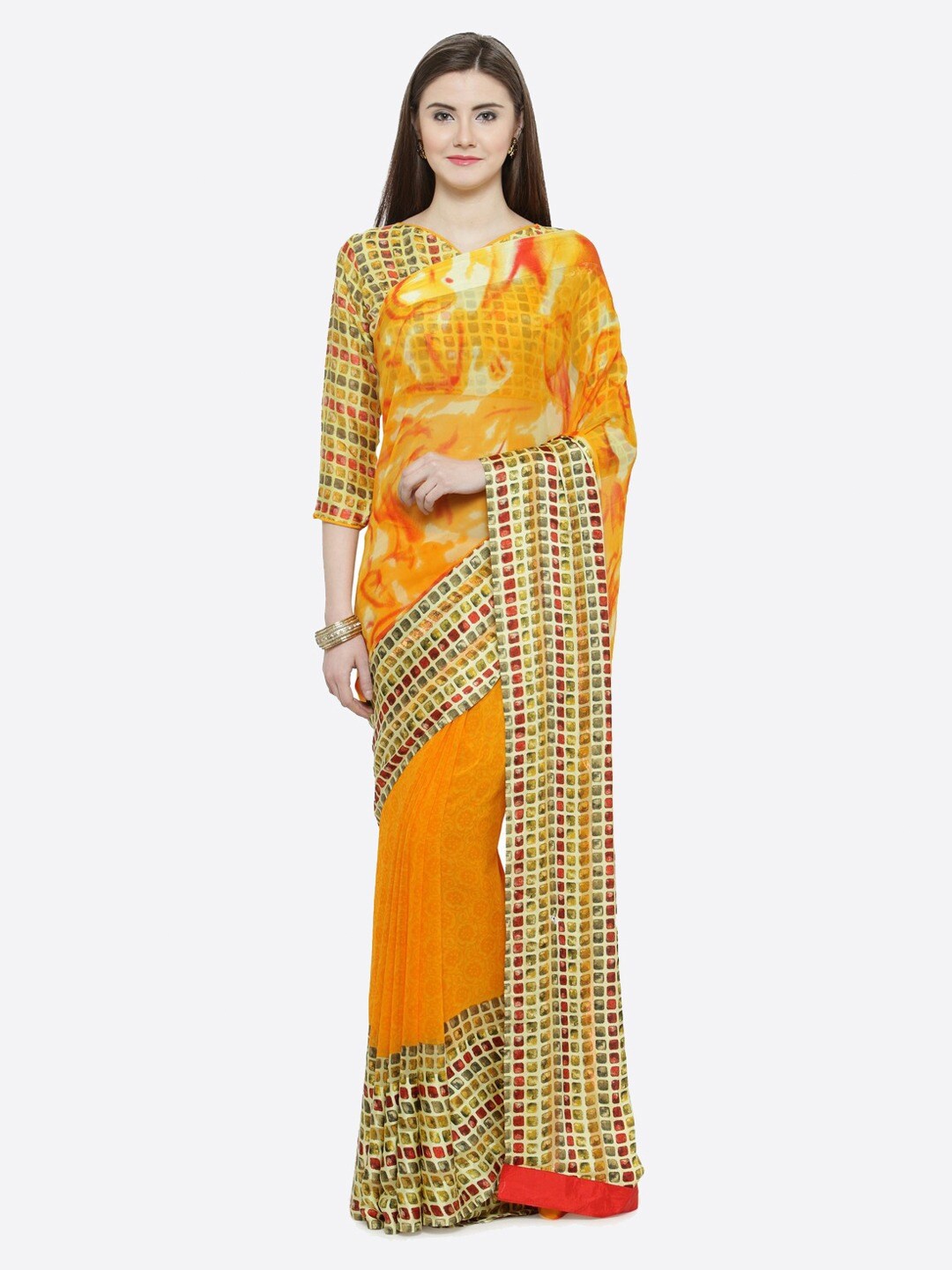 

Shaily Geometric Printed Silk Saree, Yellow