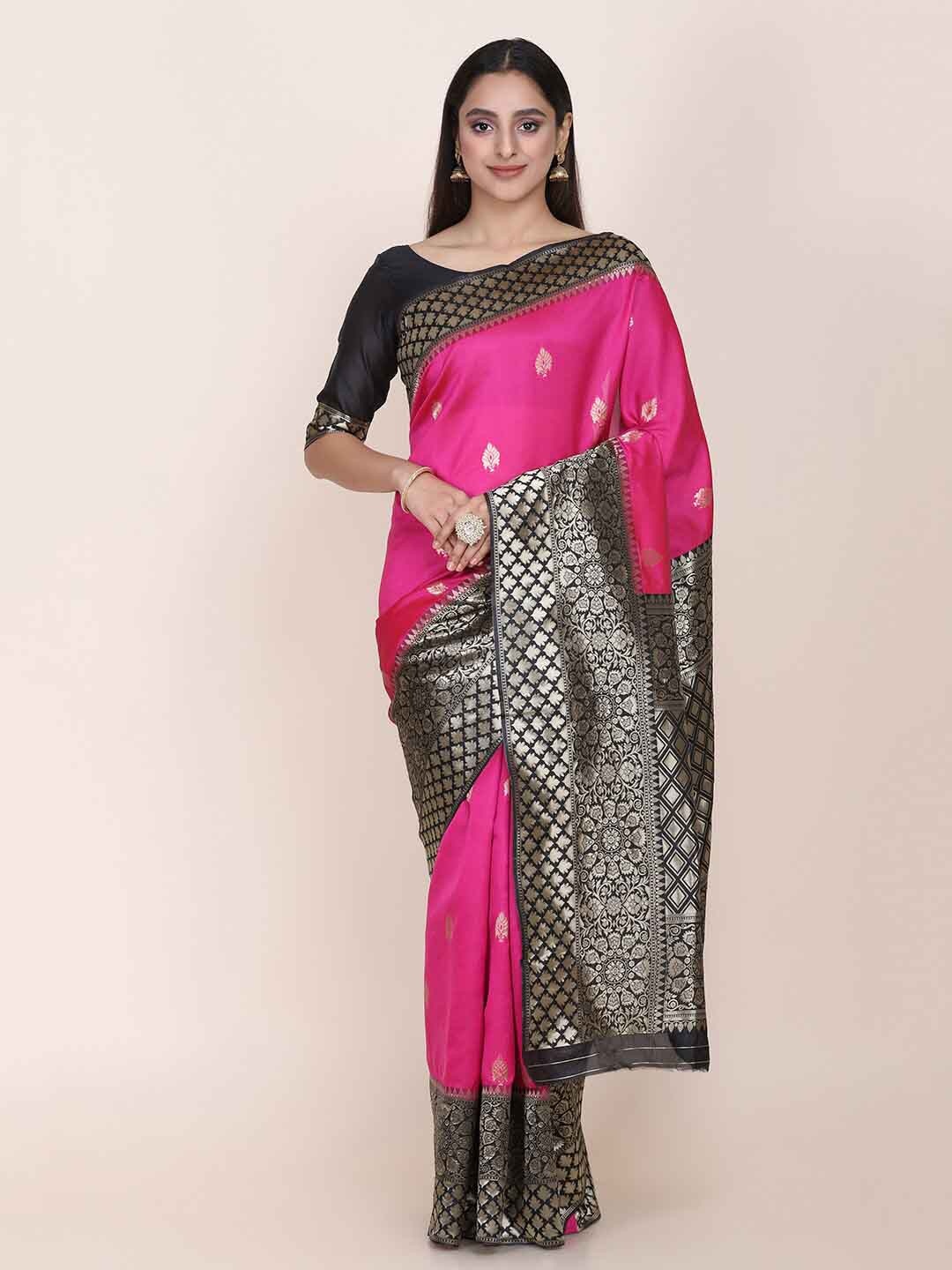 

Shaily Pink Ethnic Motifs Woven Design Zari Saree