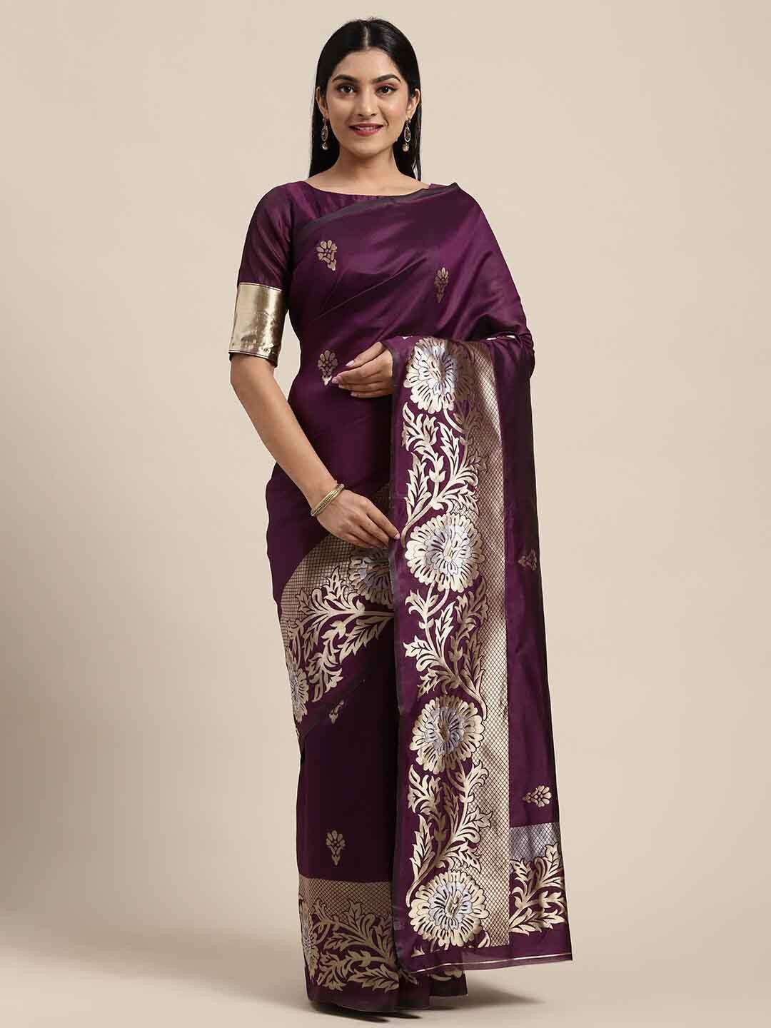 

Shaily Purple Ethnic Motifs Woven Design Zari Saree