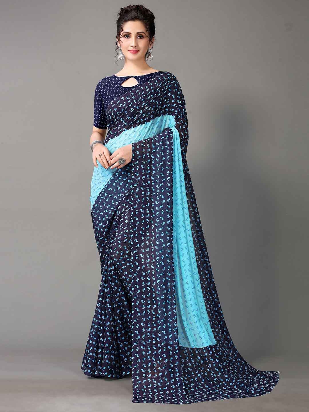 

Shaily Navy Blue Floral Printed Saree