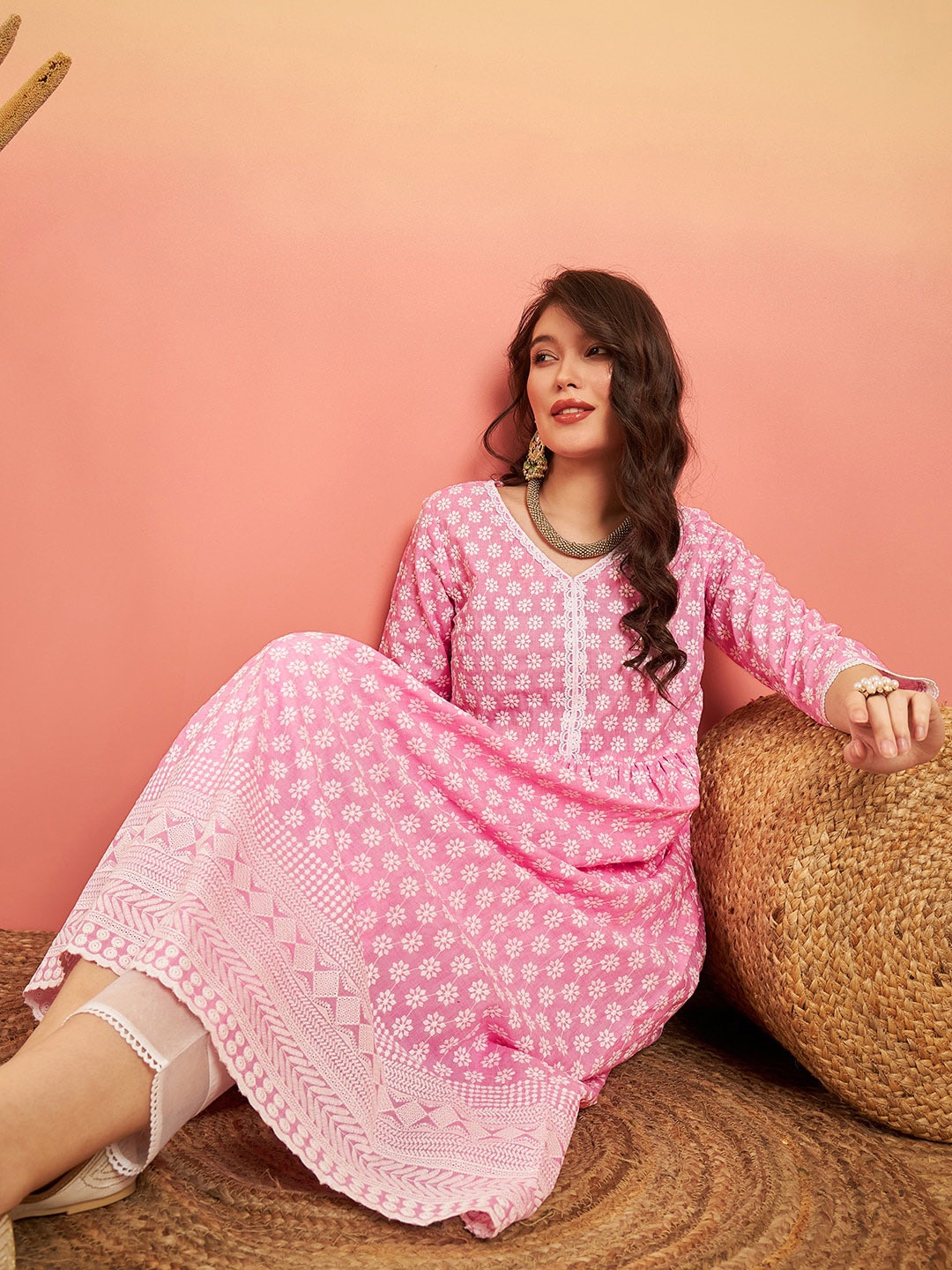 

Sangria Pink Floral Embroidered V-Neck Cotton Pleated A-Line Kurta