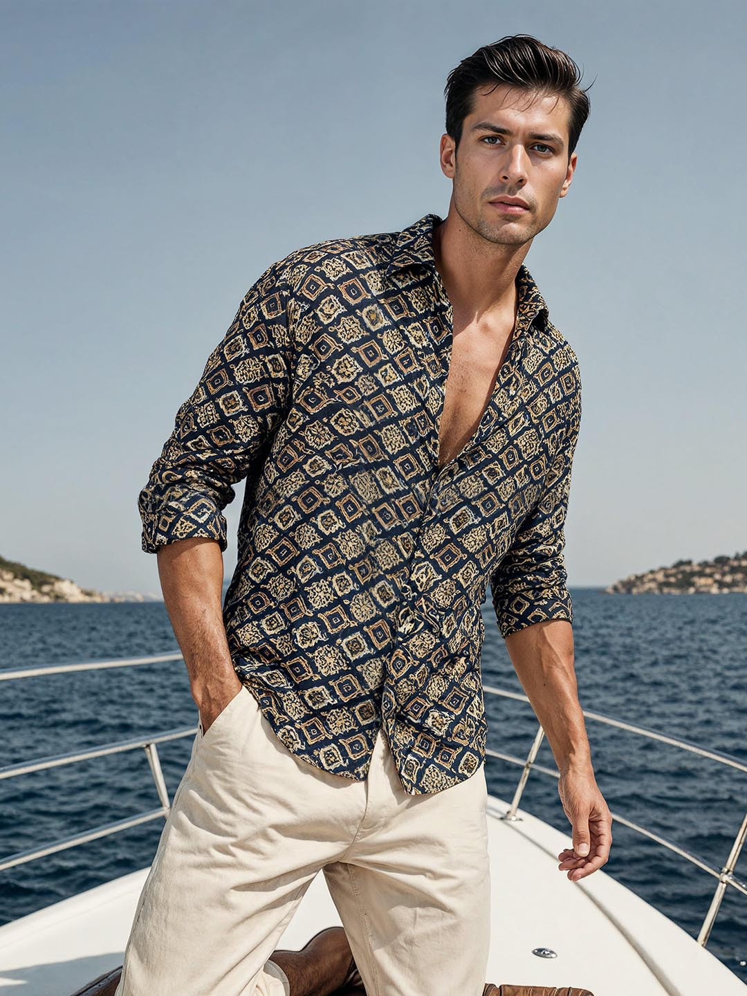 

H&M Cotton Full Sleeve Ajrakh Print Shirt, Black