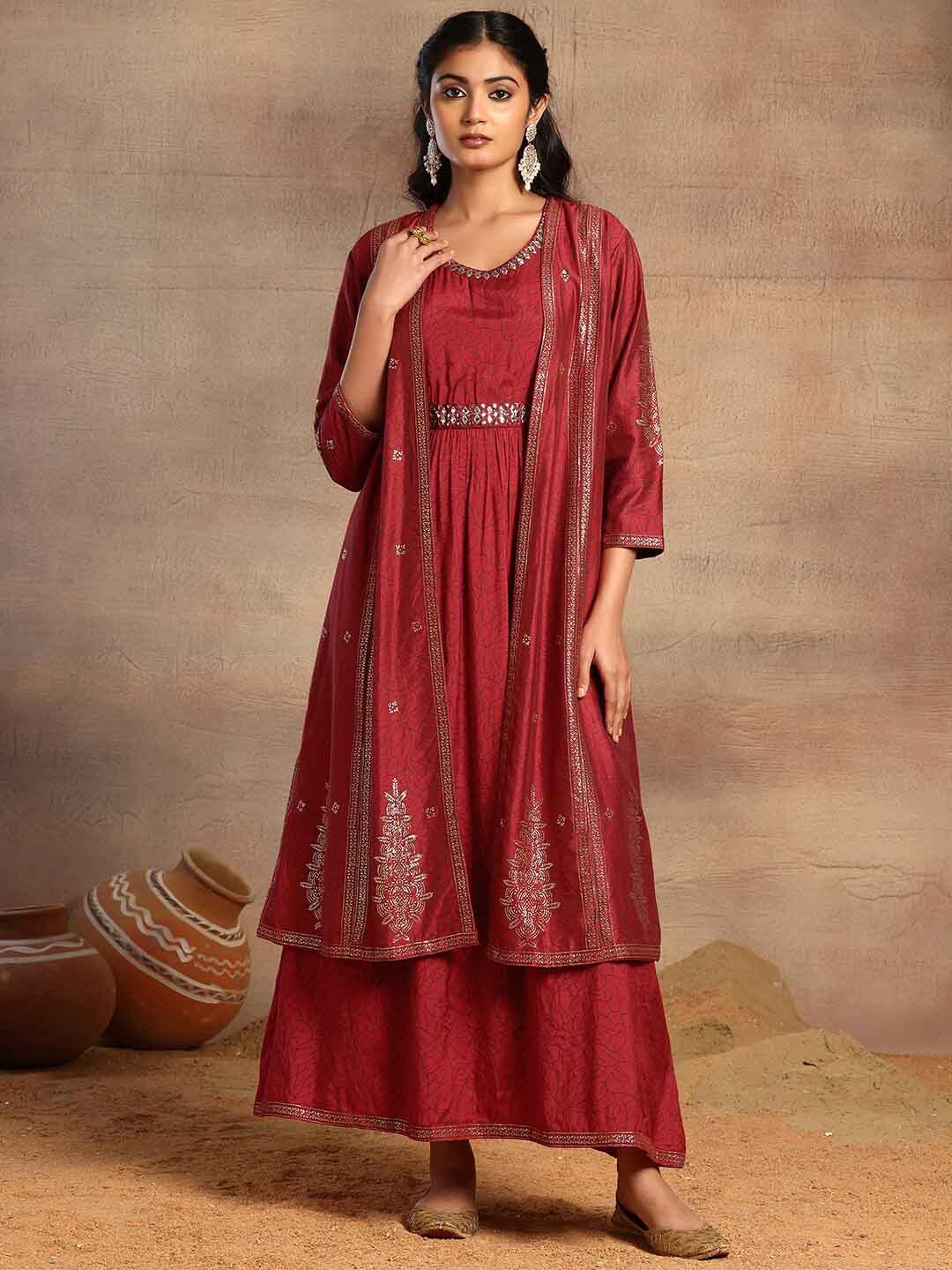 

Rang by Indya Ethnic Motifs Maxi Dress With Jacket, Maroon