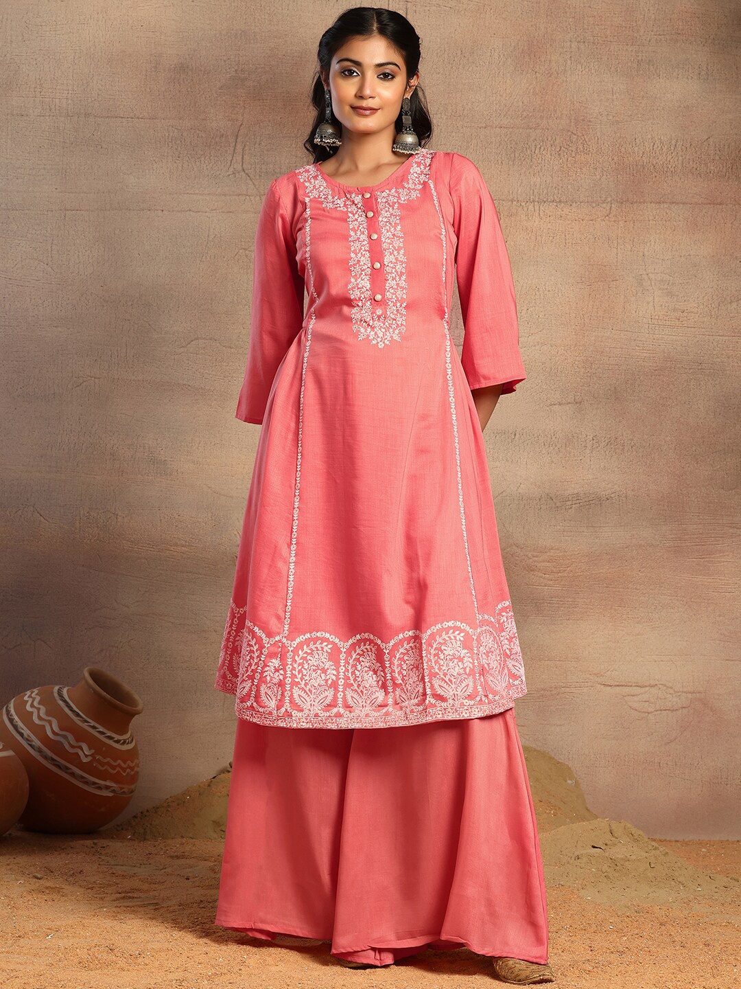 

Rang by Indya Floral Printed Regular Kurta with Sharara, Peach