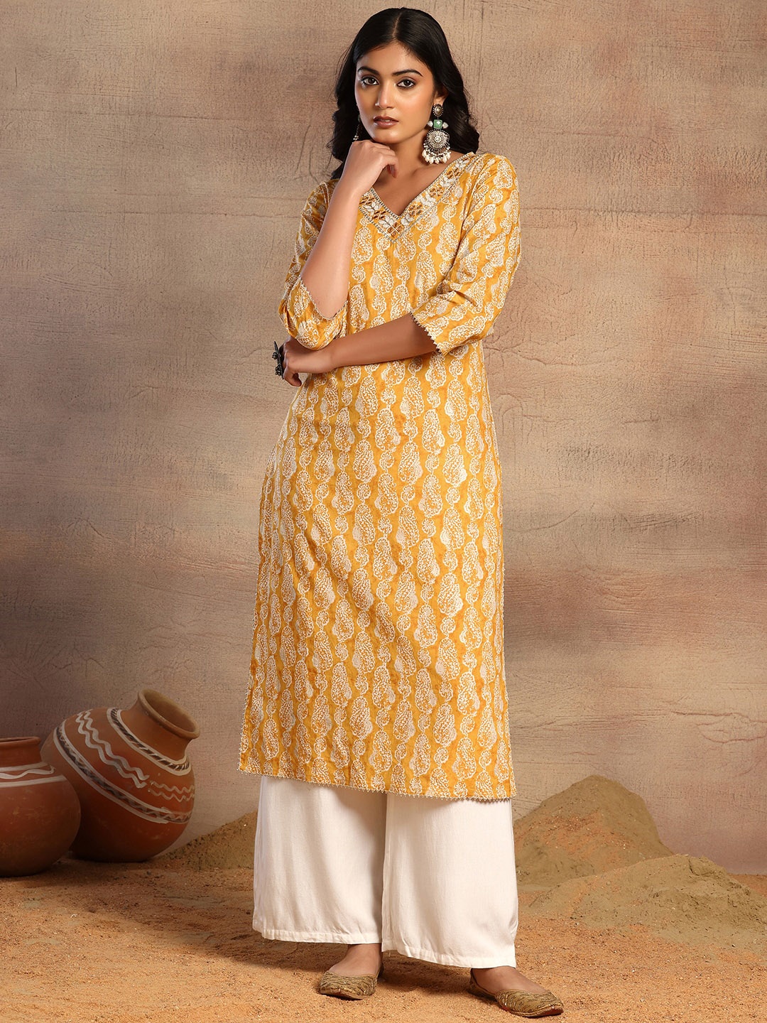 

Rang by Indya Ethnic Motifs Printed Mirror Work Detailed Pure Cotton Straight Kurta, Yellow