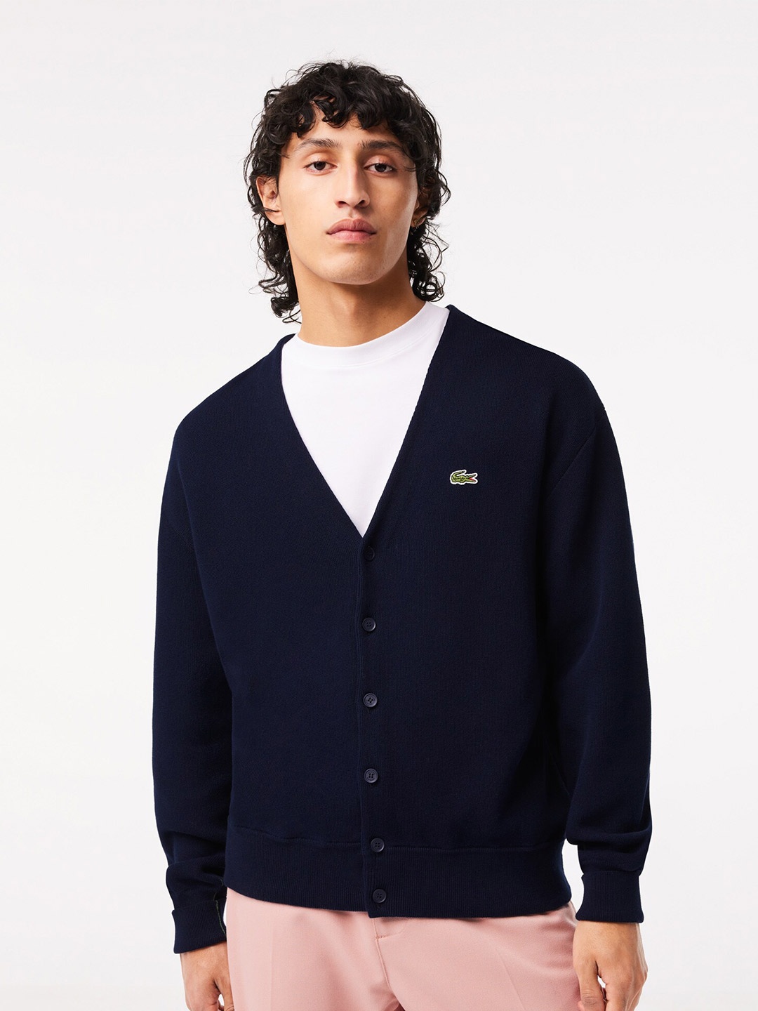 

Lacoste V Neck Long Sleeves Ribbed Hemline Cotton Cardigan, Blue