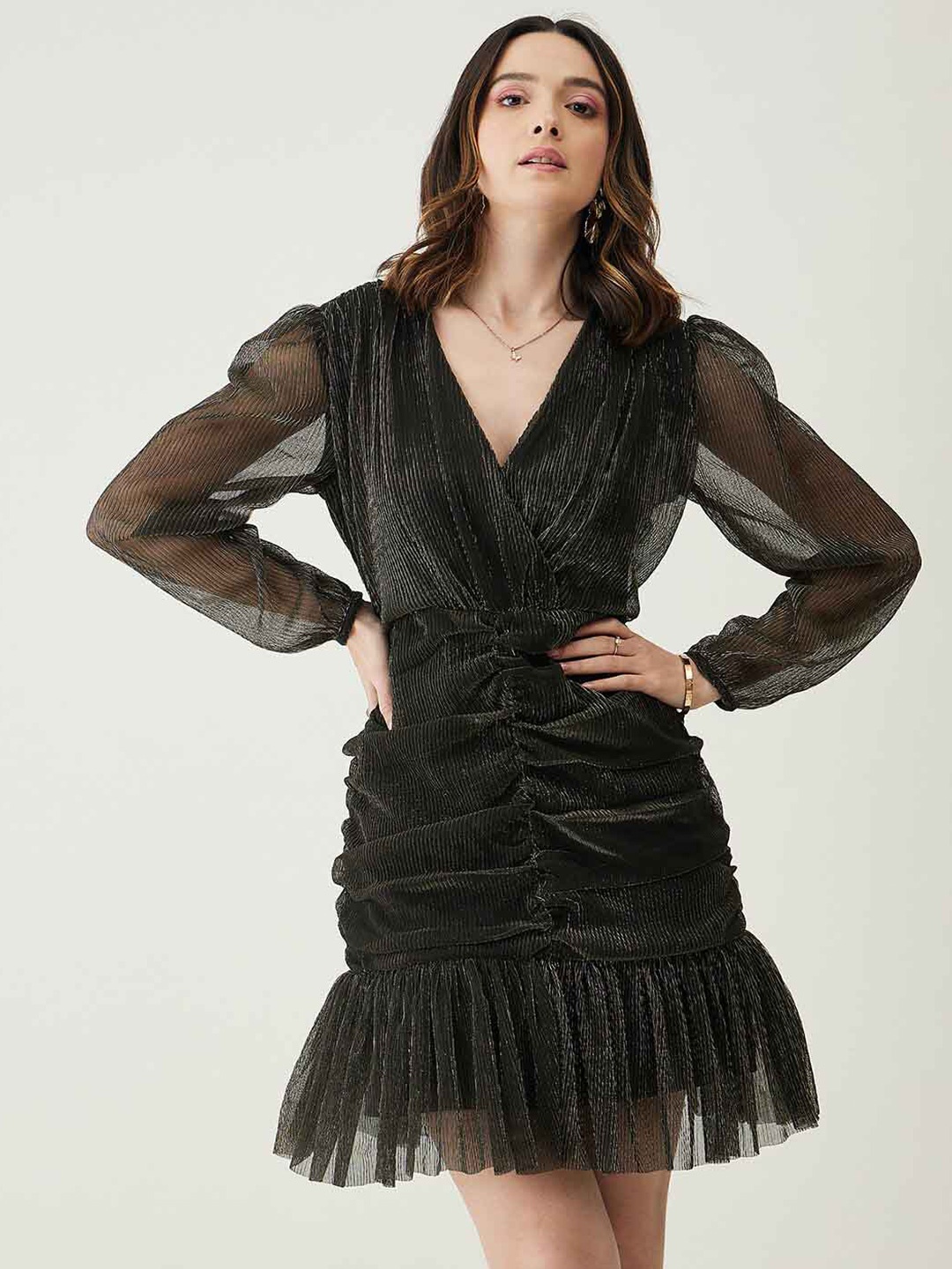 

JUNE & HARRY Self Design Gathered Flounce Hem Sheath Dress, Black