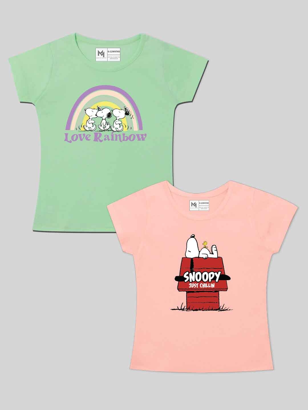 

Minute Mirth Girls Pack Of 2 Snoopy Printed Round Neck Pure Cotton Tops, Green