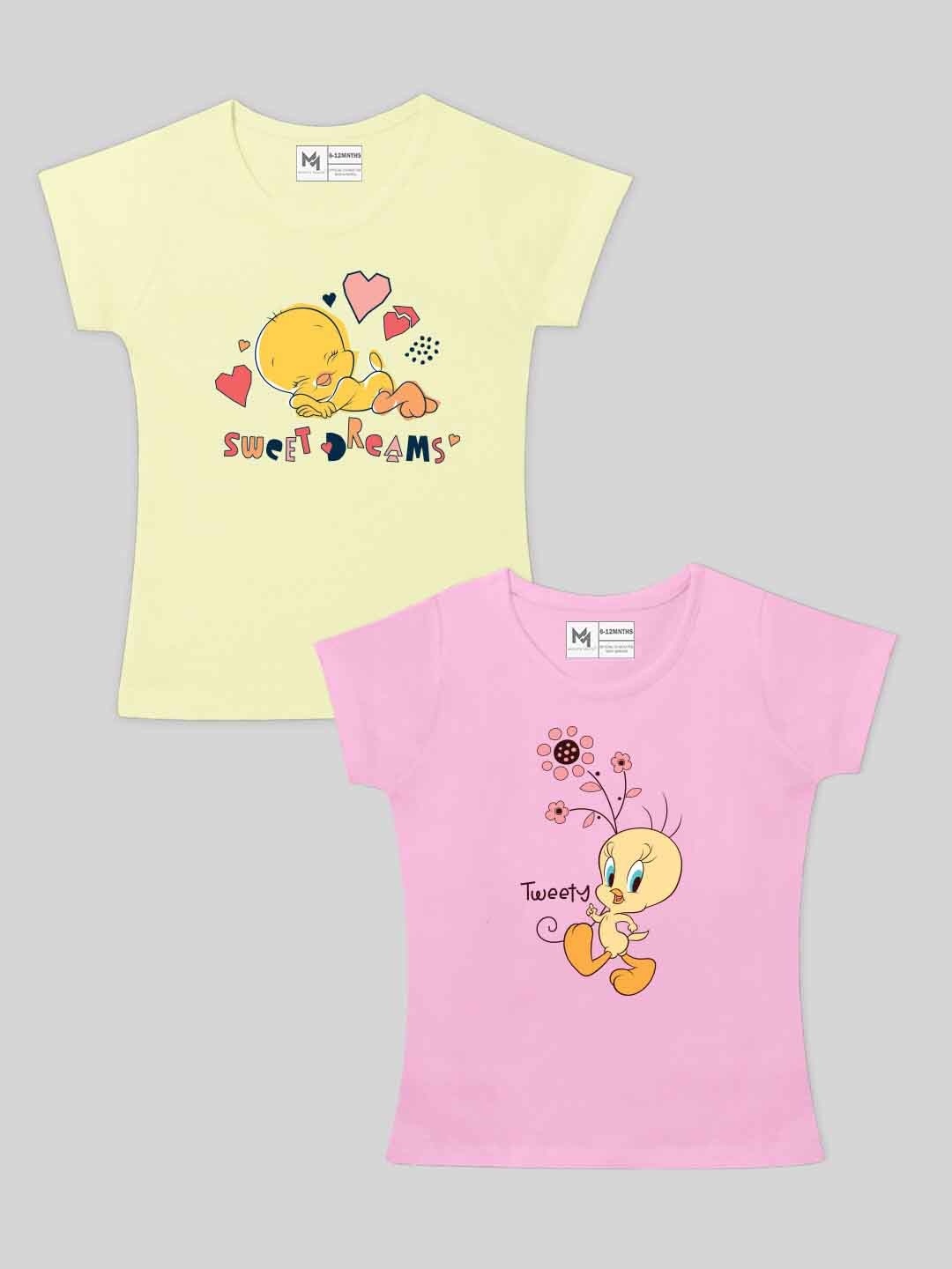 

Minute Mirth Girls Pack Of 2 Tweety Printed Round Neck Pure Cotton Tops, Pink