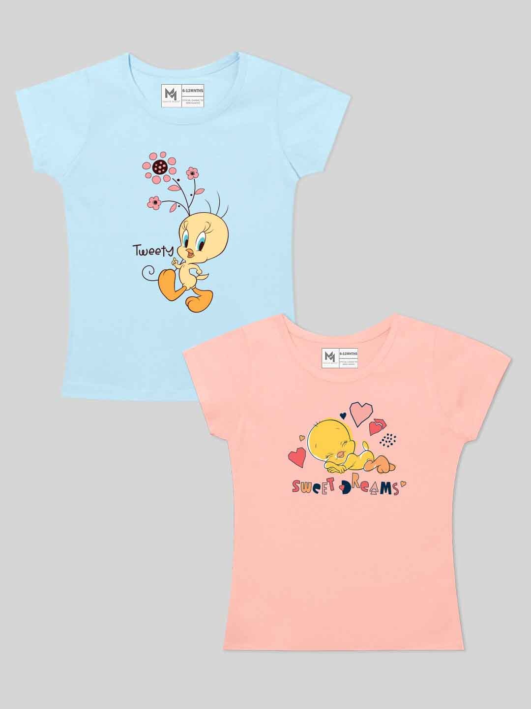 

Minute Mirth Girls Pack Of 2 Tweety Printed Round Neck Pure Cotton Top, Blue