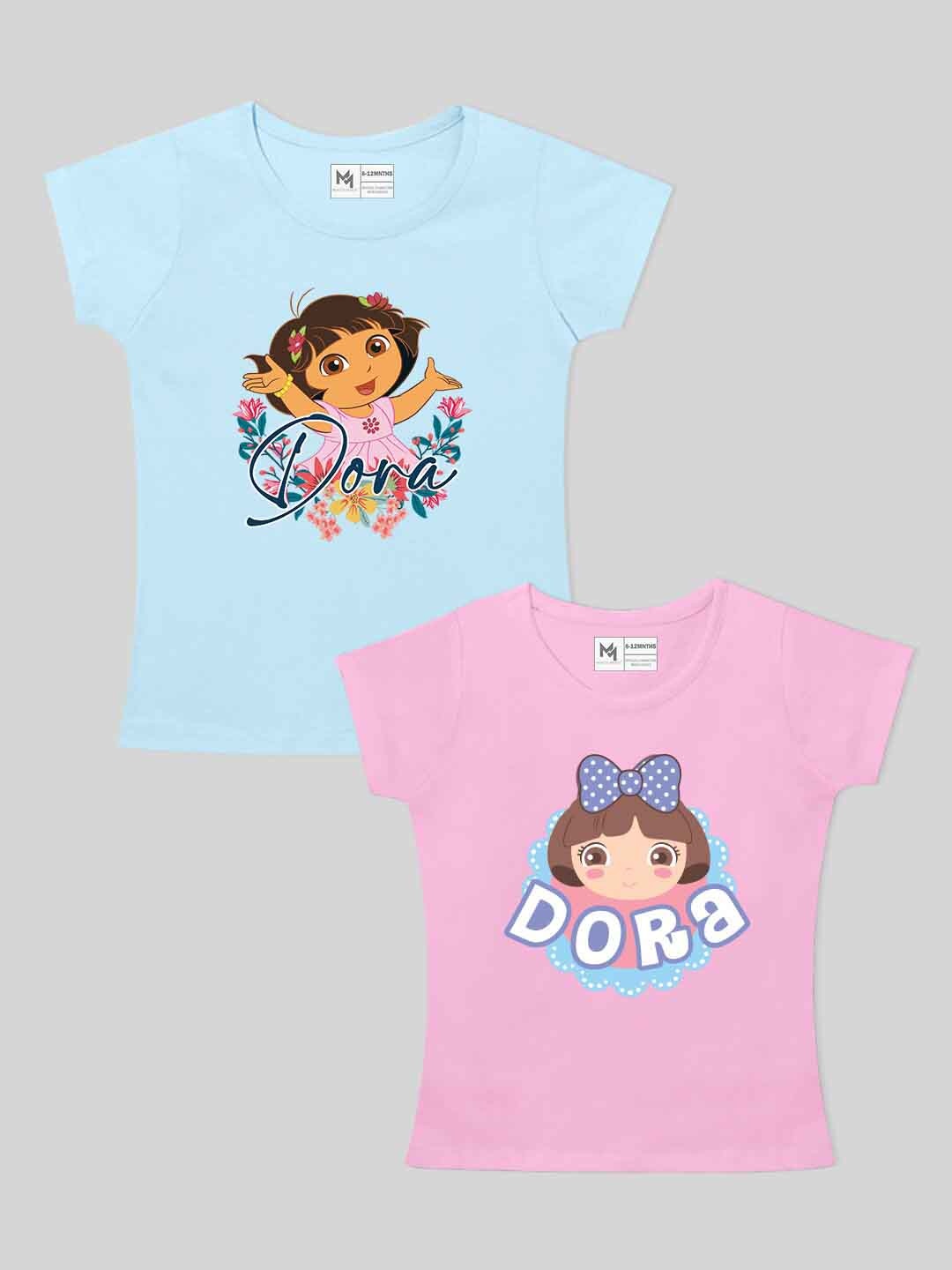 

Minute Mirth Girls Pack Of 2 Dora Printed Round Neck Pure Cotton Top, Pink