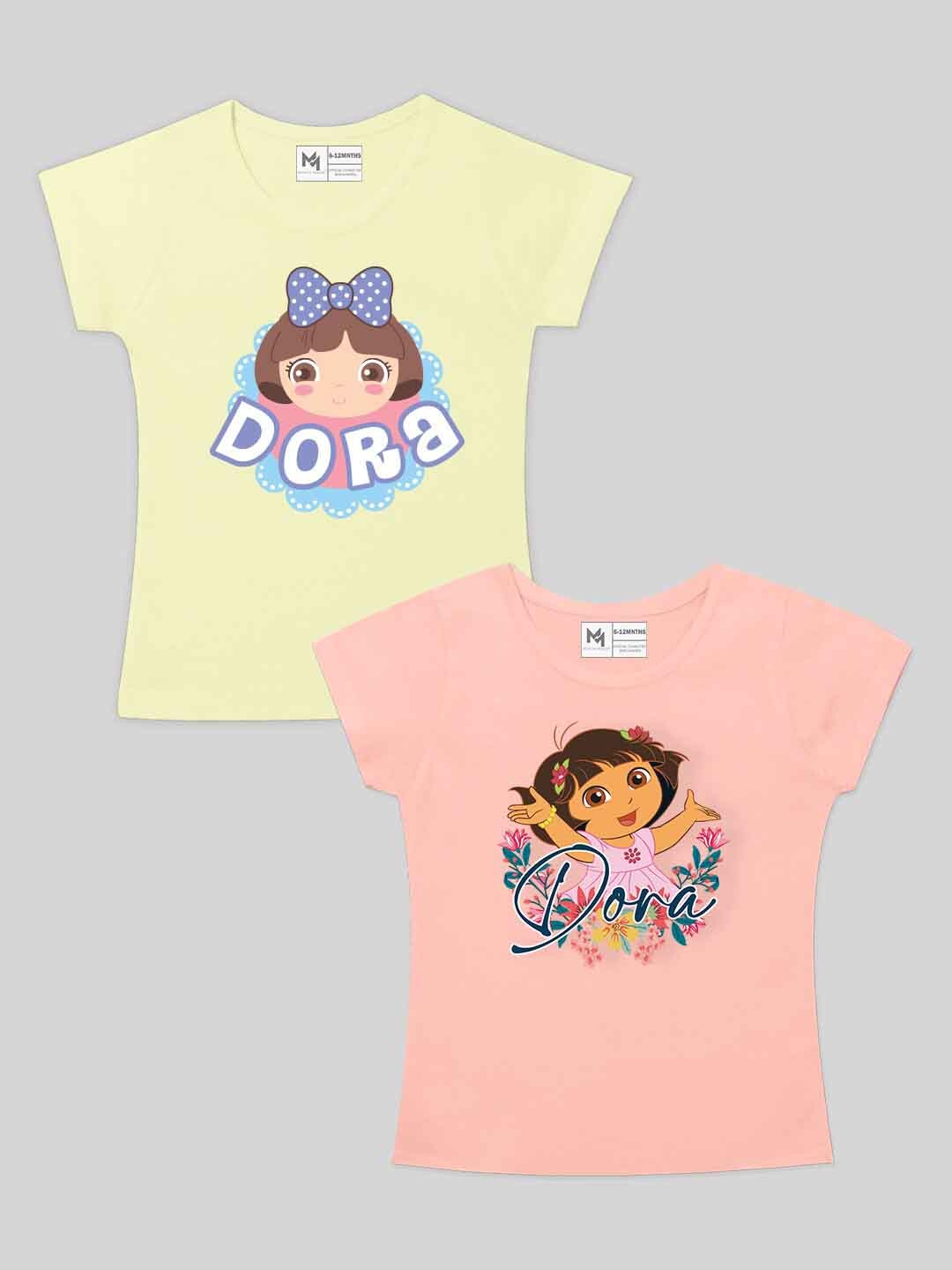 

Minute Mirth Girls Pack Of 2 Dora Printed Round Neck Pure Cotton Top, Yellow