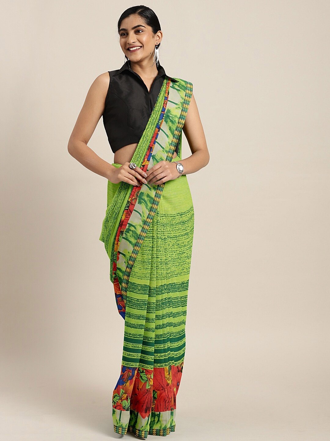 

KALINI Striped Printed Saree, Green