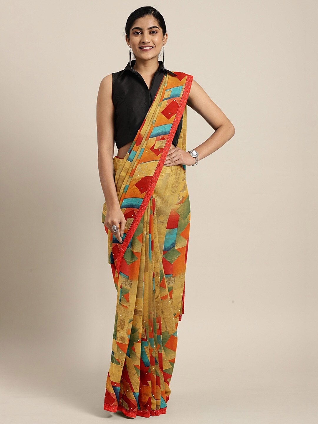 

KALINI Geometric Printed Saree, Yellow