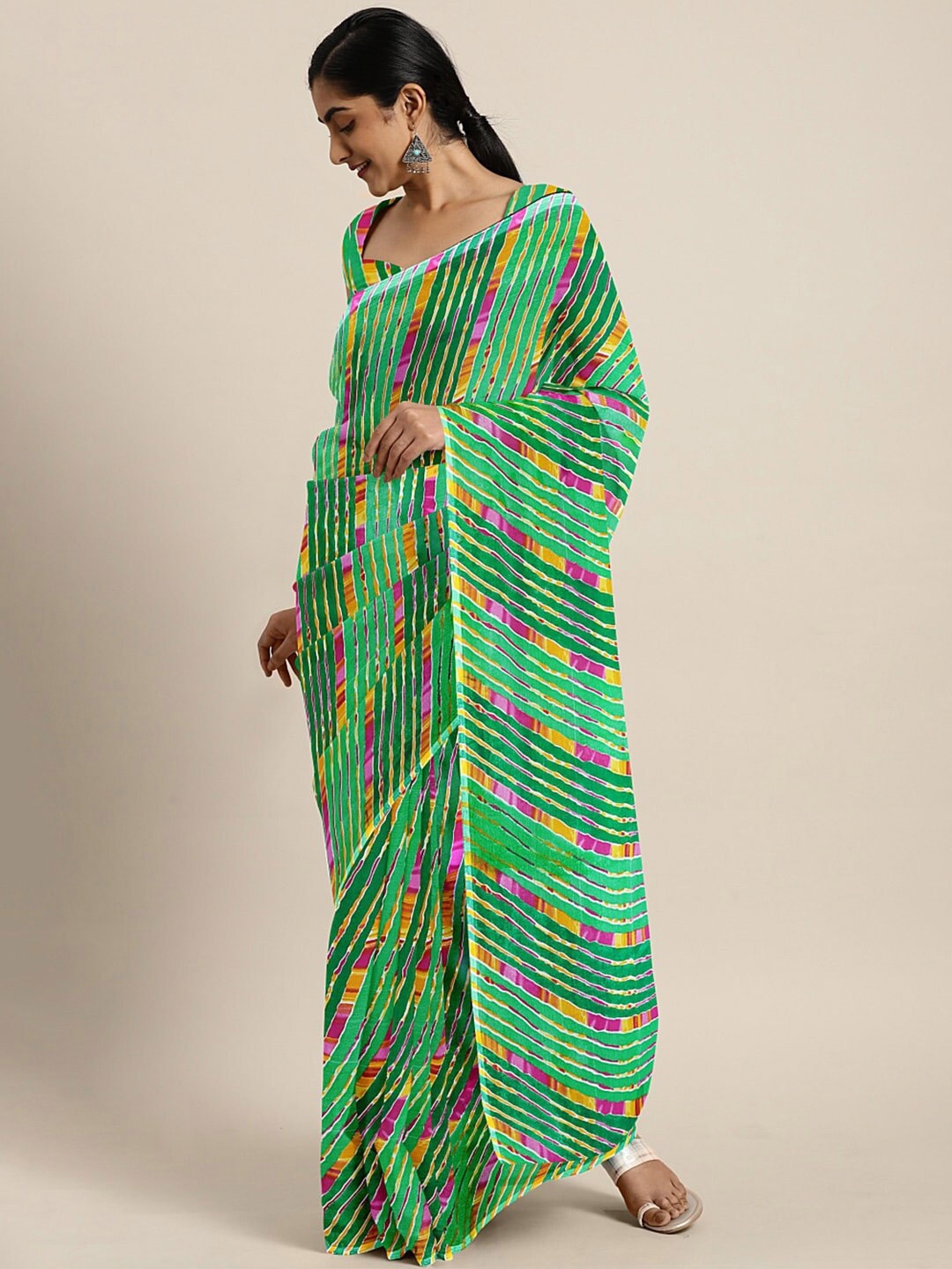 

KALINI Horizontal Striped Leheriya Saree, Green