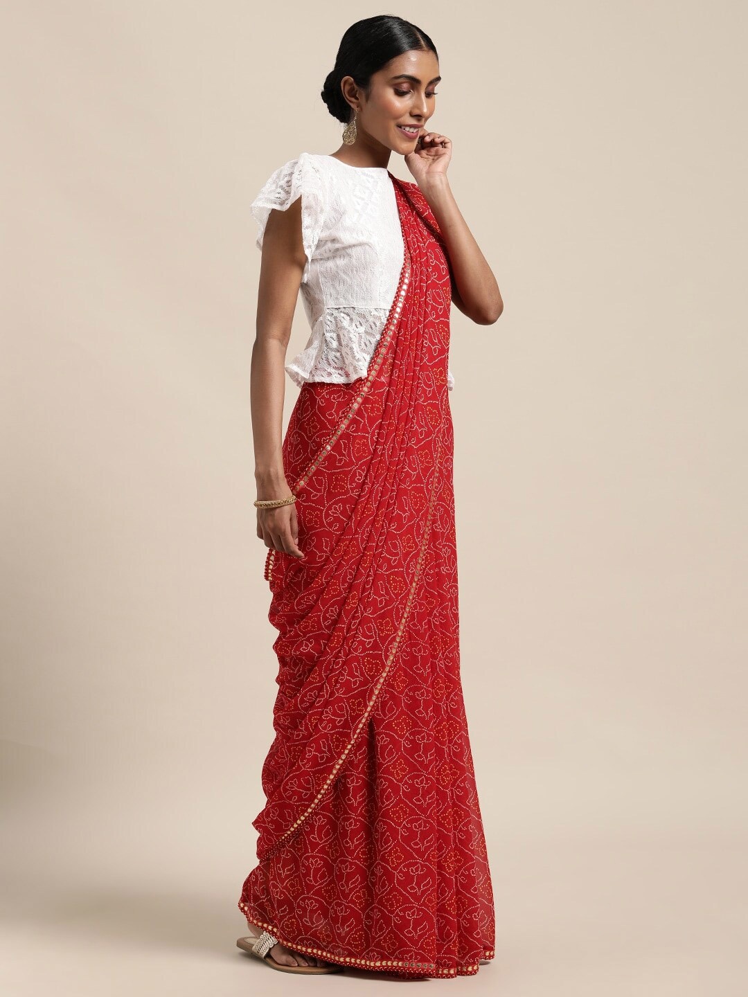 

KALINI Bandhani Printed Saree, Red