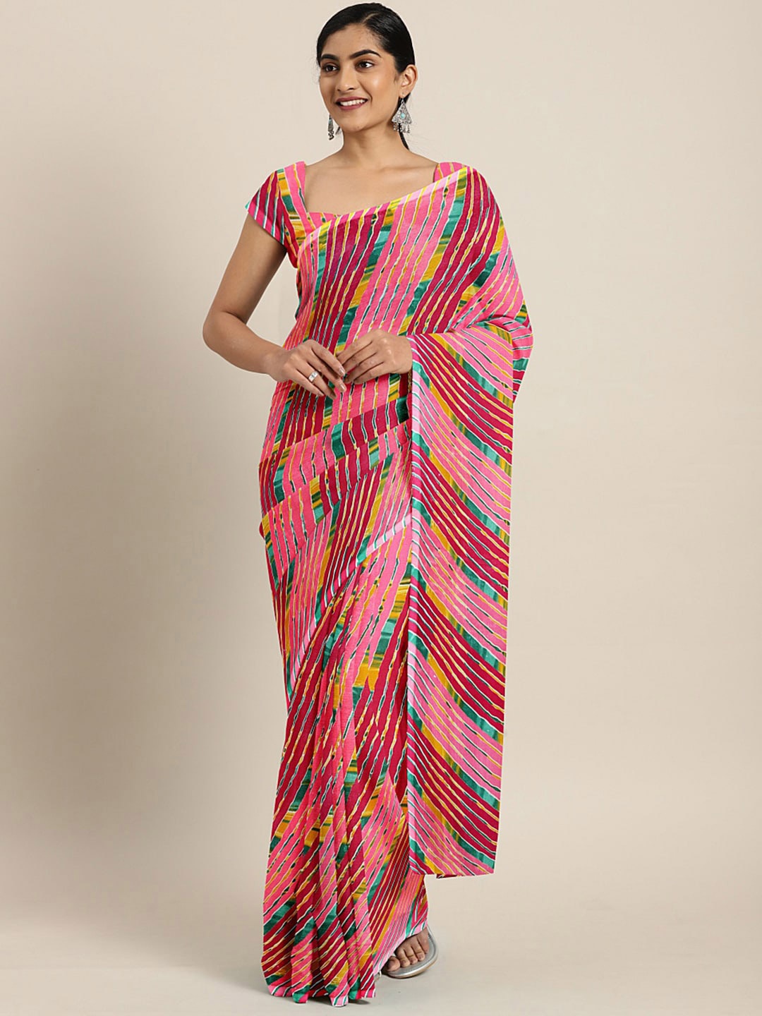 

KALINI Printed Poly Georgette Leheriya Saree, Pink