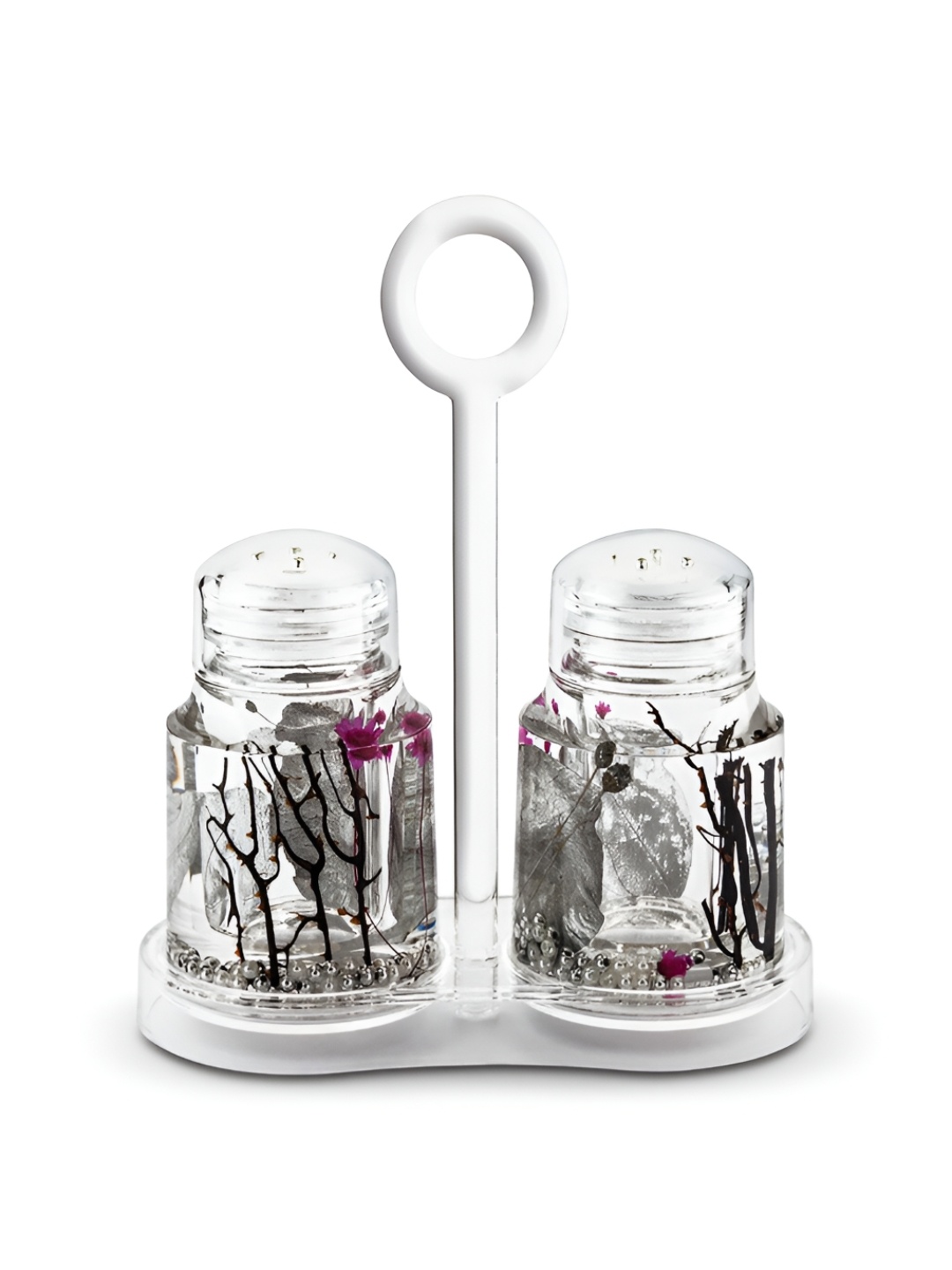 

Freelance Silver Toned & White Acrylic Salt And Pepper Shakers With Holder