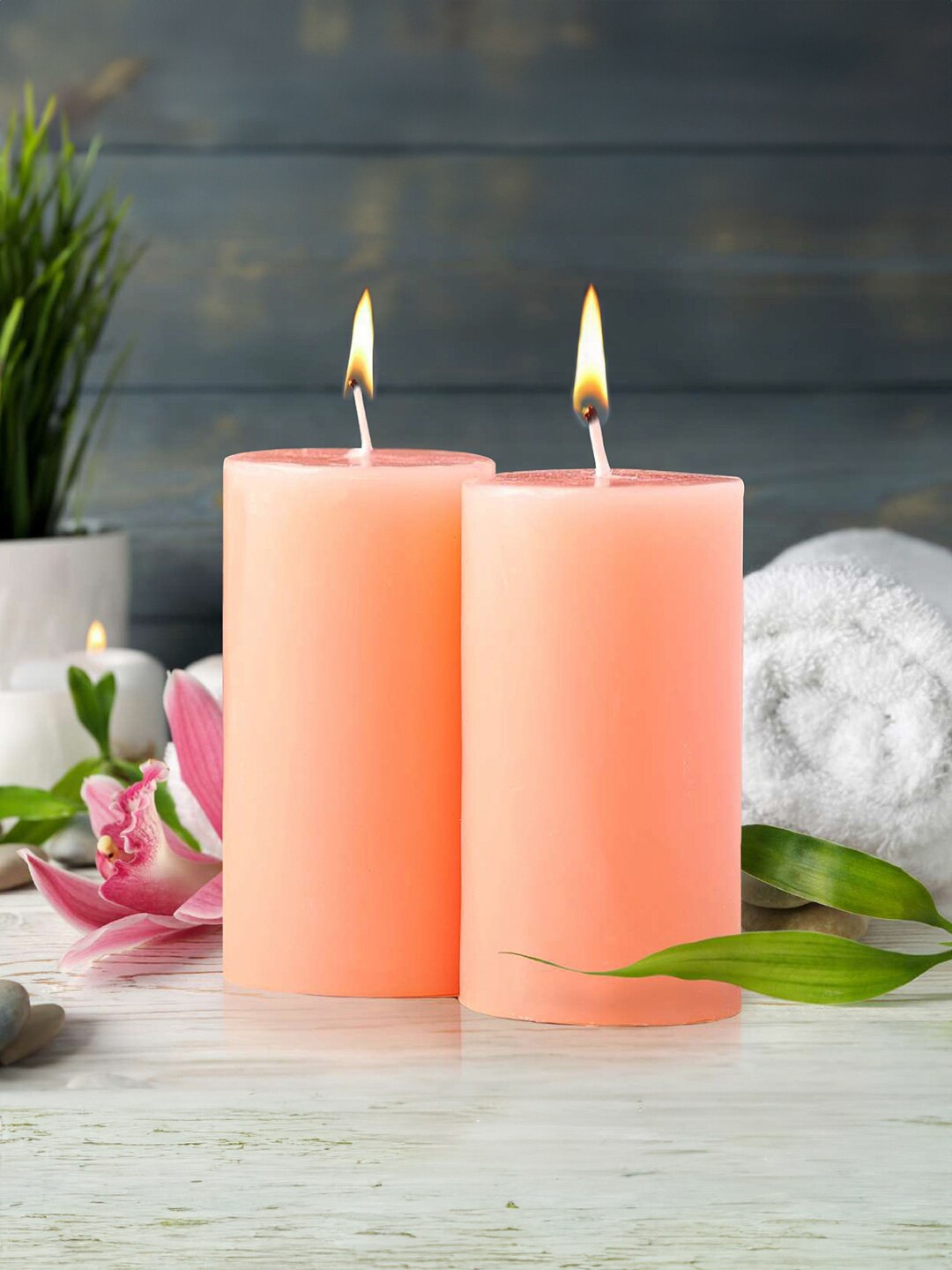

Iris 2 Pieces Pomogranate Fragrance Pillar Candles 160 grams each, Peach
