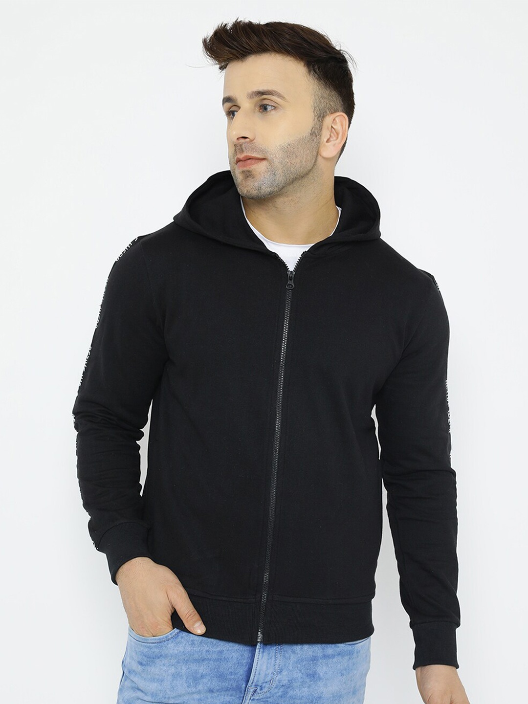

WELL QUALITY Front-Open Hooded Sweatshirt, Black