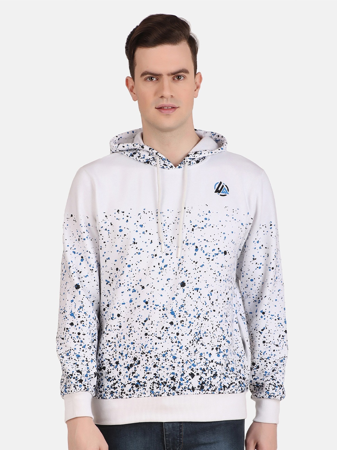 

WELL QUALITY Abstract Printed Hooded Fleece Sweatshirt, White