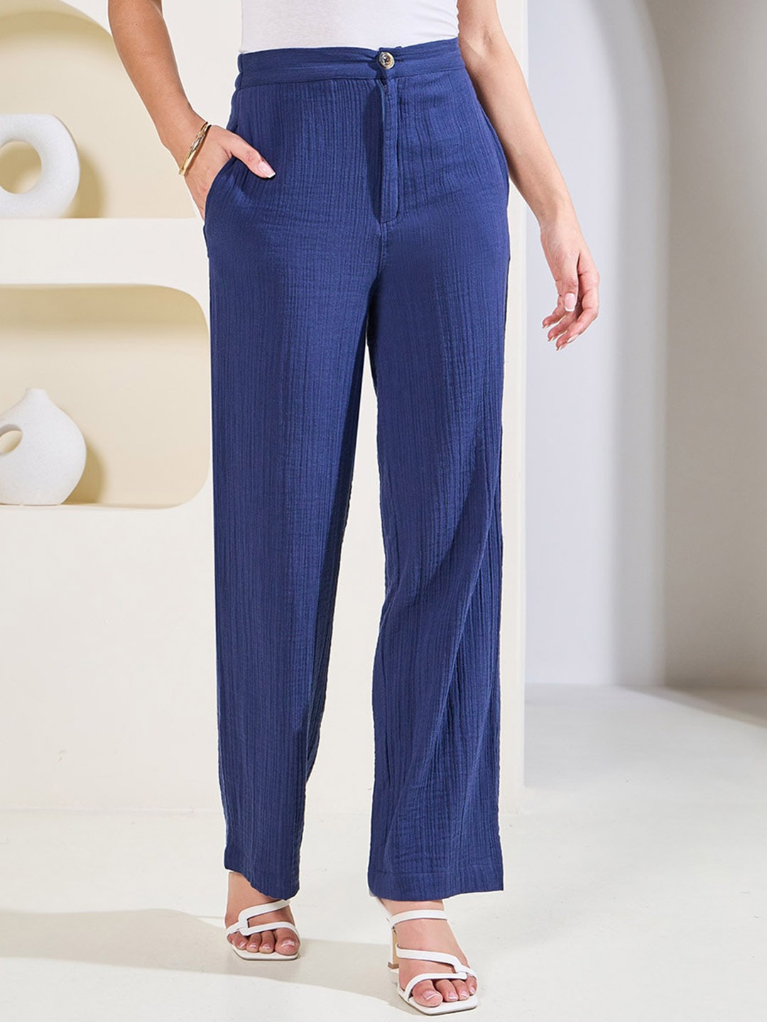 

Styli Women Crinkle Elasticated Trousers, Blue