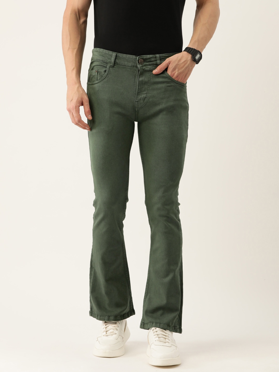 

PARIS HAMILTON Men Bootcut Acid Wash Stretchable Jeans, Olive