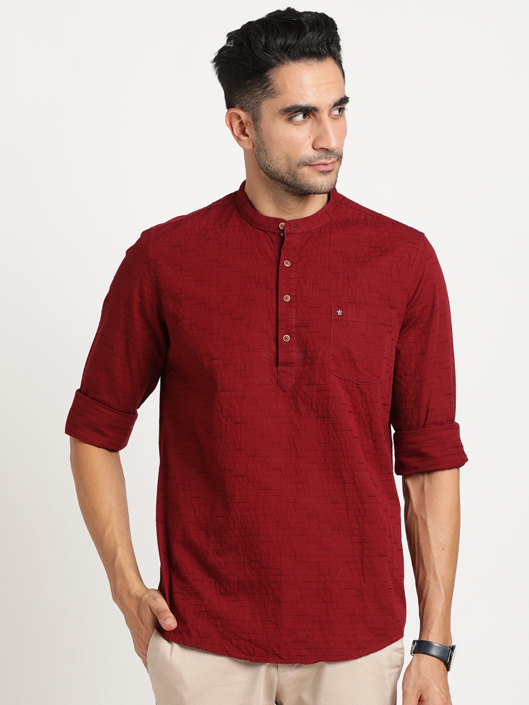 

Turtle Striped Mandarin Collar Pure Cotton Short Kurta, Maroon