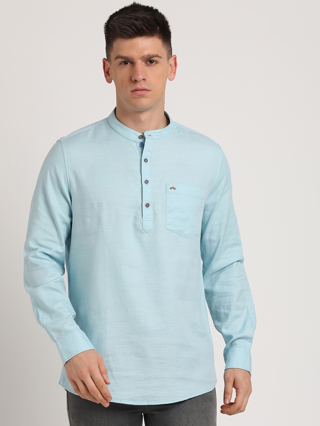 

Turtle Mandarin Collar Pure Cotton Short Kurta, Blue