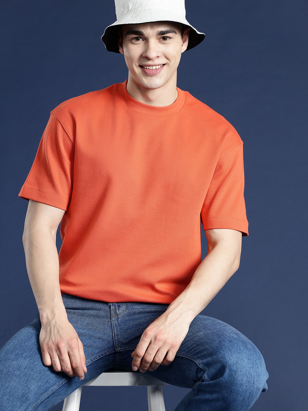 

Mast & Harbour Men Drop-Shoulder Sleeves Relaxed Fit T-shirt, Orange