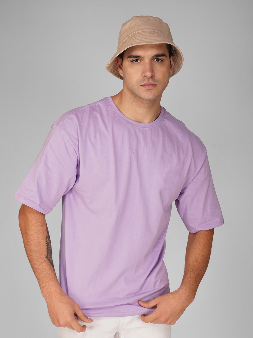 

Crazymonk Cotton Three-Quarter Sleeves Oversized Round Neck T-shirt, Purple