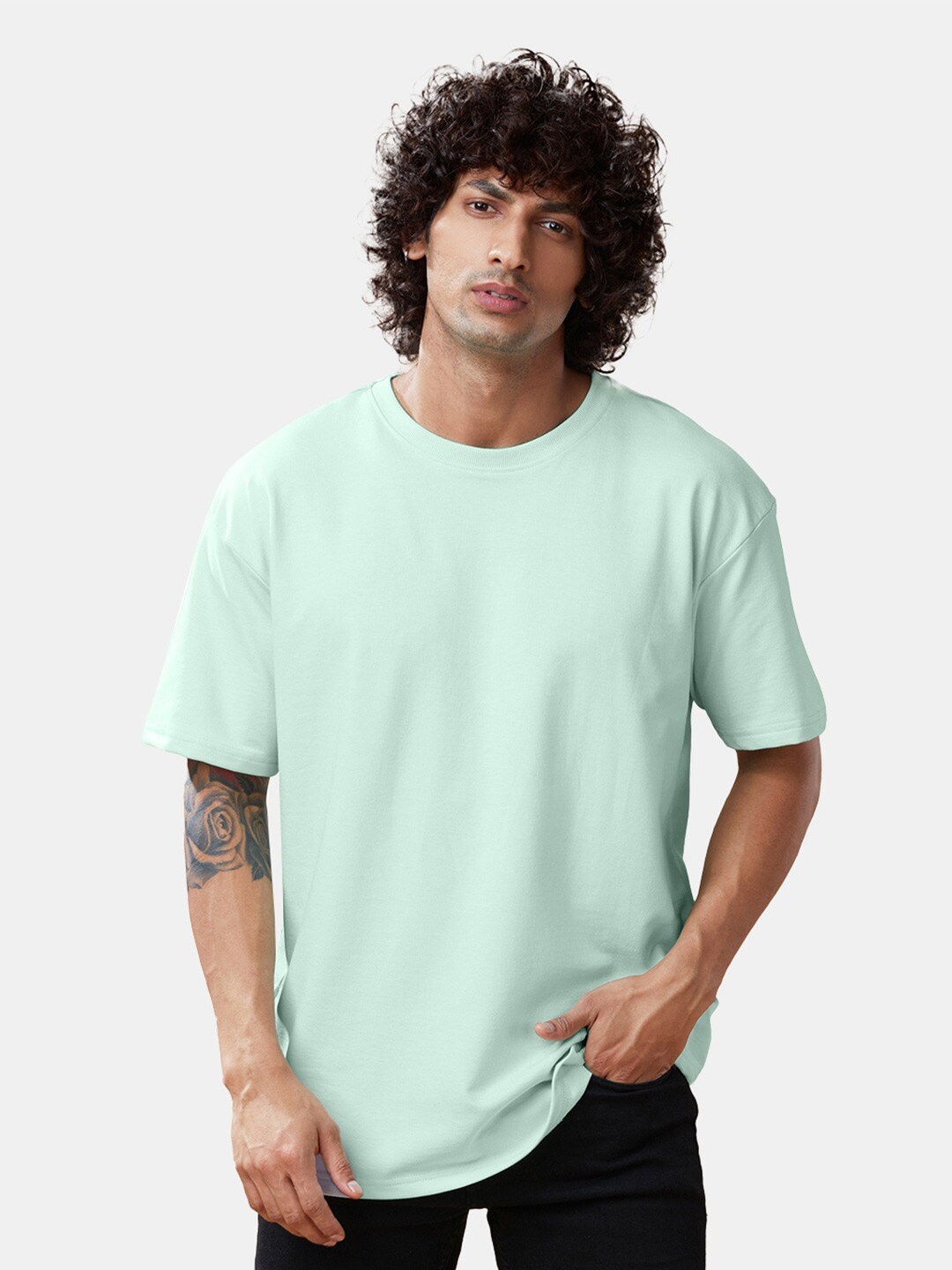 

Crazymonk Cotton Oversized Round Neck Raw Edge T-shirt, Green