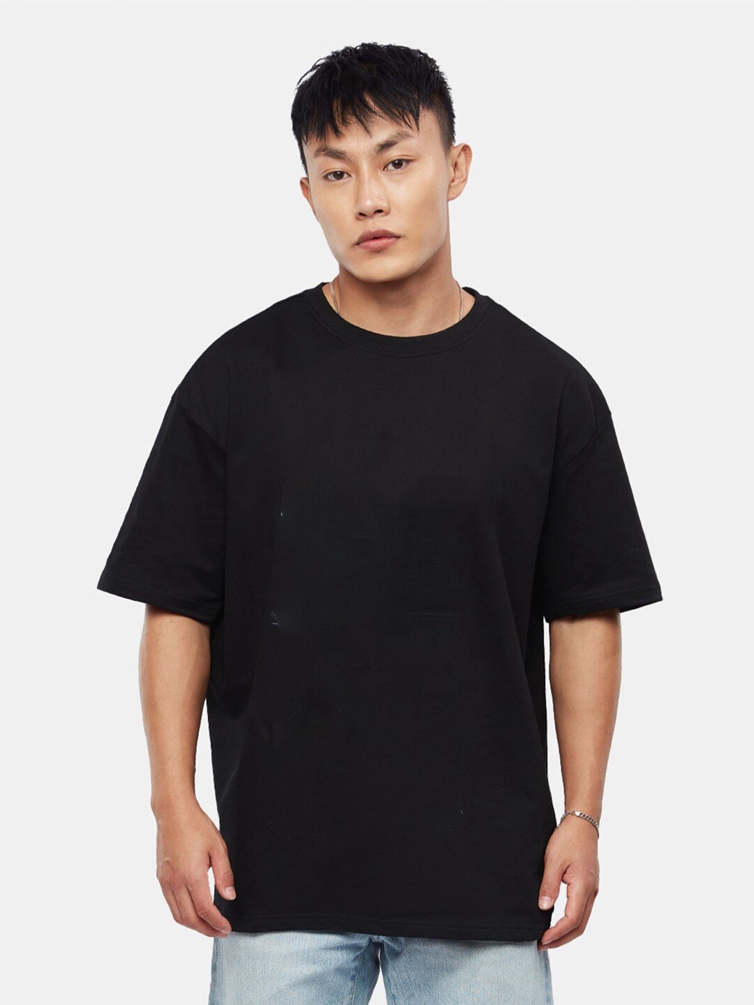 

Crazymonk Cotton Three-Quarter Sleeves Oversized Raw Edge T-shirt, Black