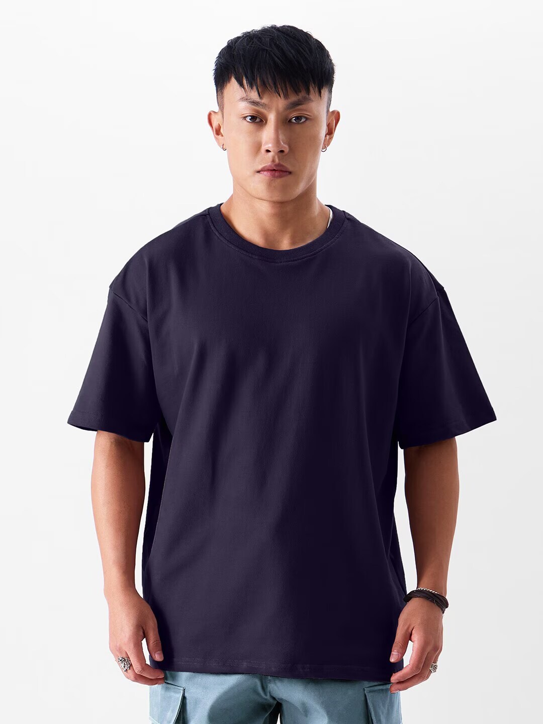 

Crazymonk Cotton Three-Quarter Sleeves Oversized Raw Edge T-shirt, Navy blue