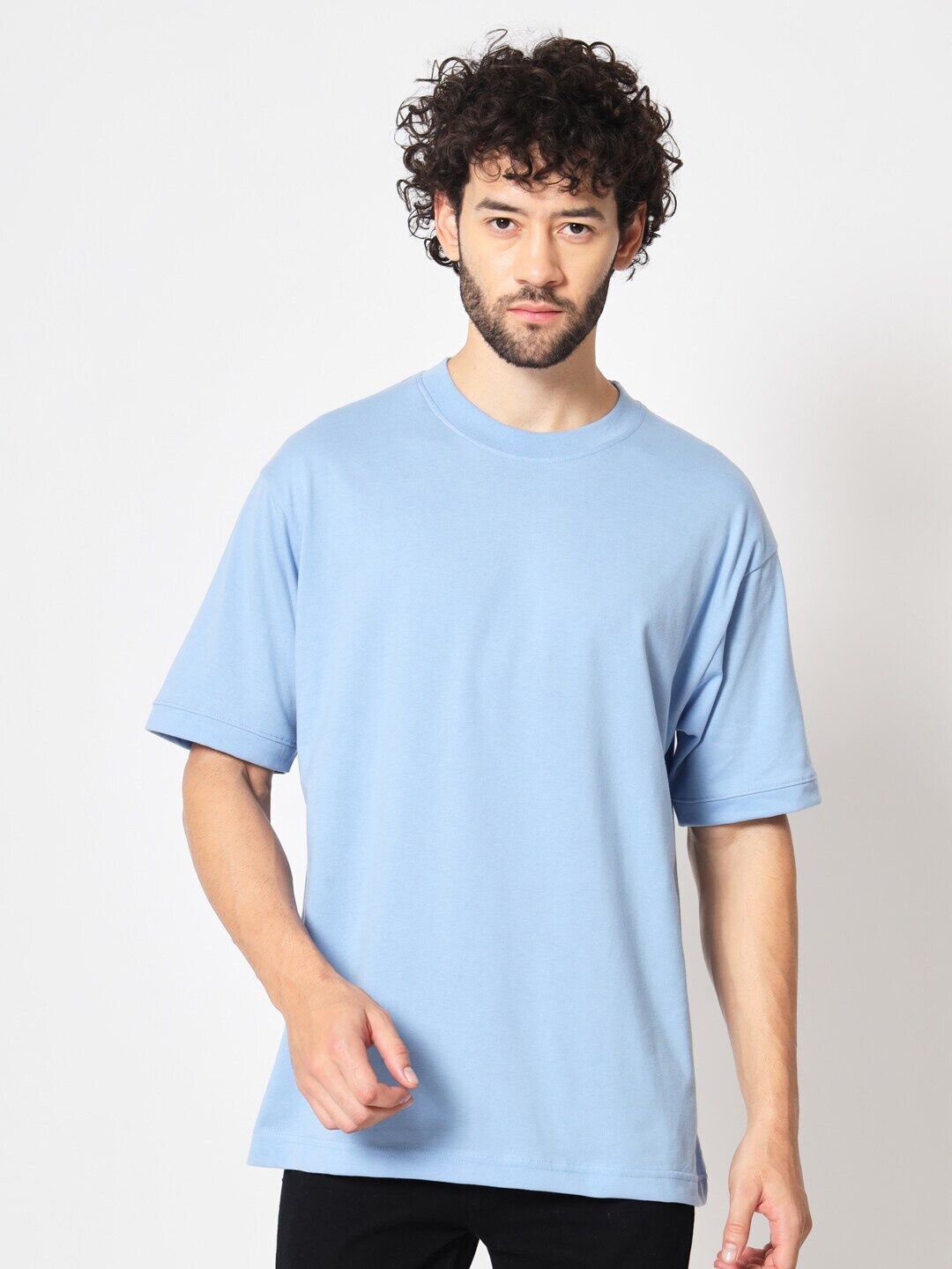 

Crazymonk Cotton Three-Quarter Sleeves Oversized Raw Edge T-shirt, Blue