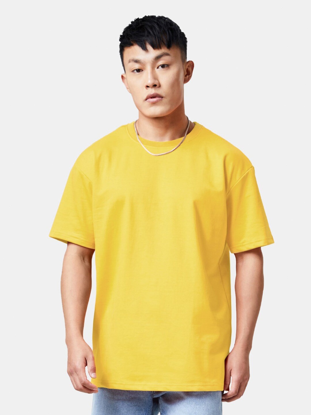 

Crazymonk Cotton Three-Quarter Sleeves Oversized Raw Edge T-shirt, Yellow