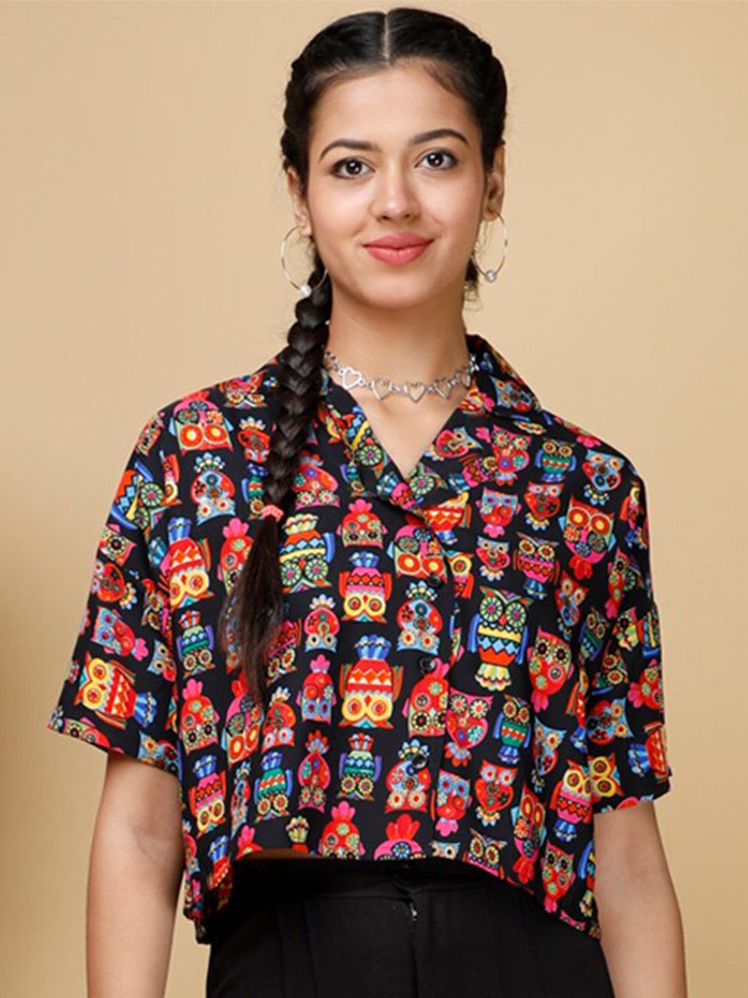 

Eyebogler Conversational Printed Crepe Relax Fit Shirt Style Crop Top, Black