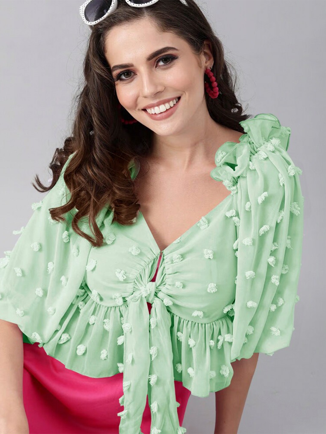 

Eyebogler Self Designed Puff Sleeves Georgette Cinched Waist Crop Top, Green