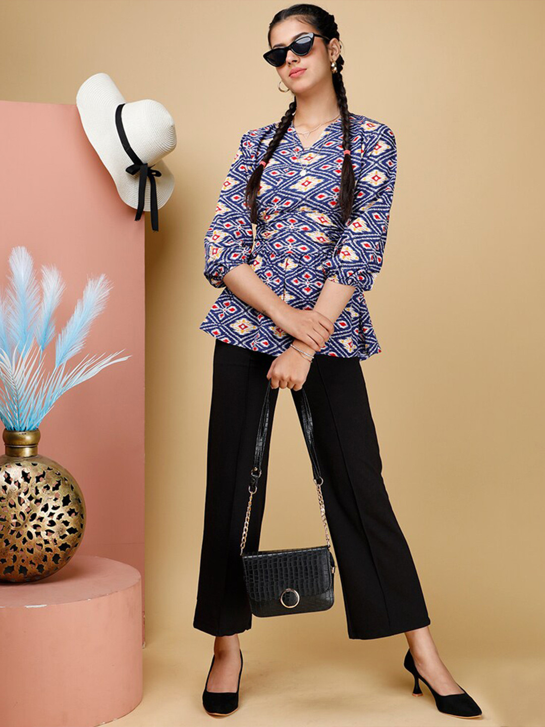 

Eyebogler Ethnic Motifs Printed Mandarin Collar Smocked Top, Navy blue