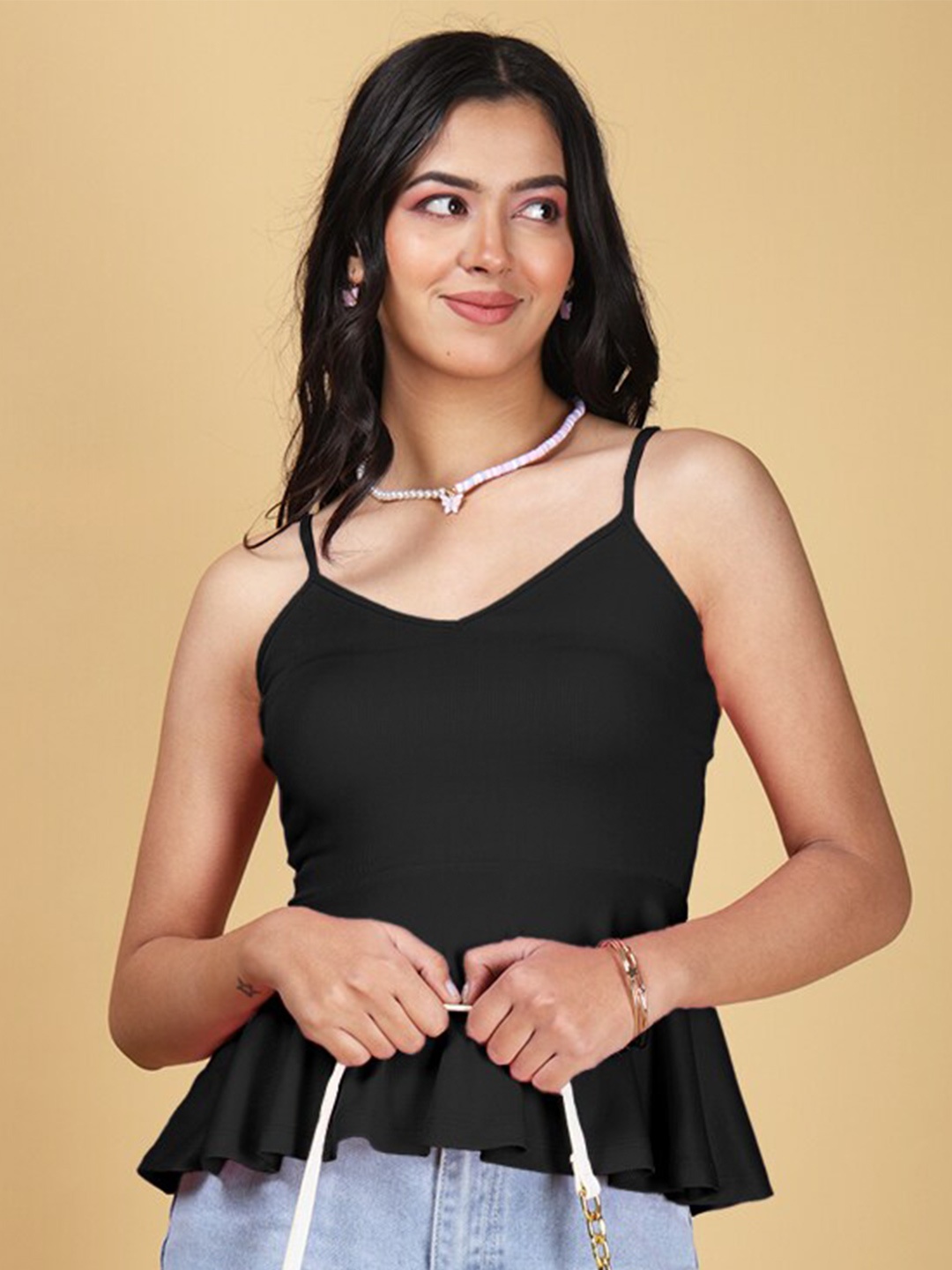 

Eyebogler Slim Fit Sleeveless Peplum Top, Black