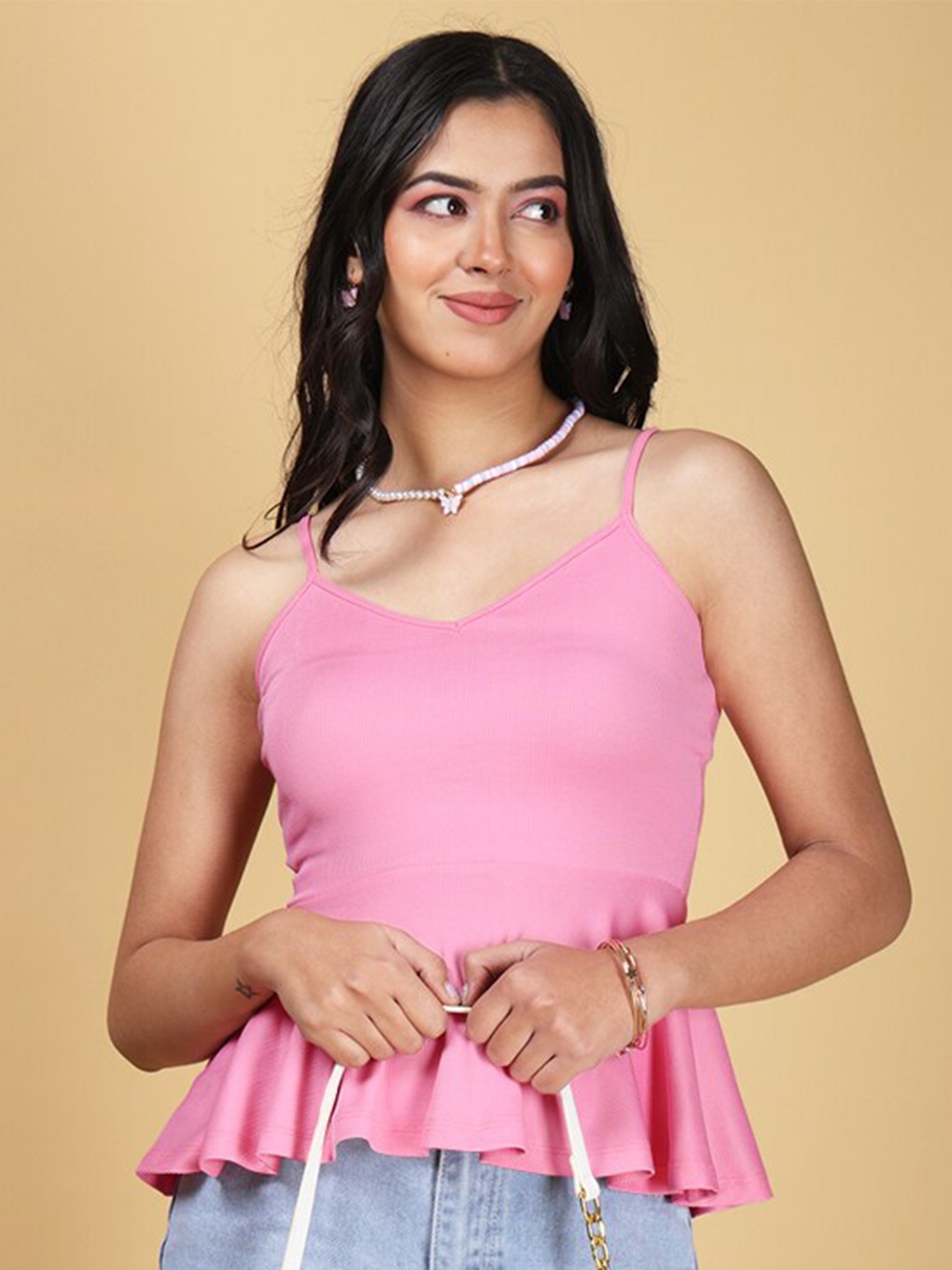 

Eyebogler Shoulder Straps Peplum Slim Fit Top, Pink
