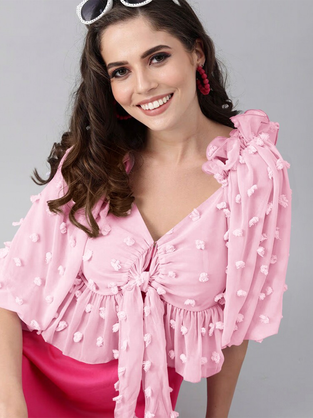 

Eyebogler Floral Printed Embroidered Flutter Sleeve Georgette Crop Top, Pink