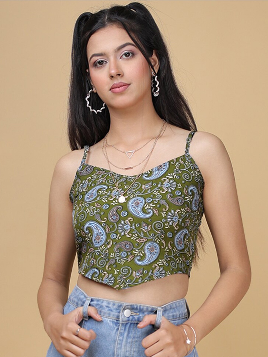 

Eyebogler Ethnic Motifs Printed Shoulder Straps Crop Top, Olive