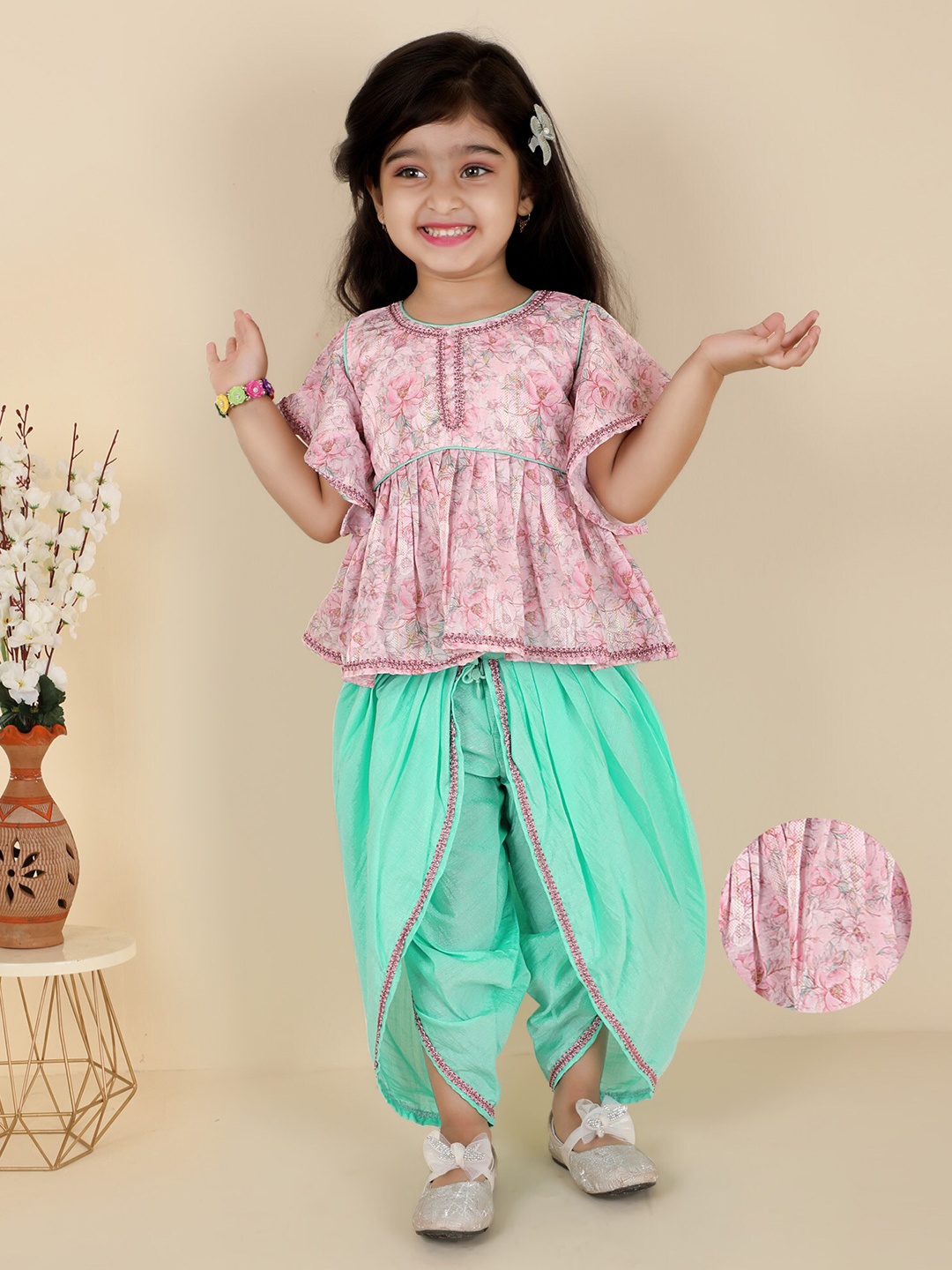

KIDS FARM Girls Printed Top with Dhoti Pants, Pink
