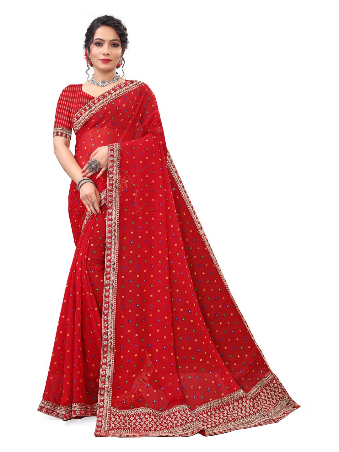 

V TEX SAREES Embroidered Pure Georgette Bandhani Saree, Red
