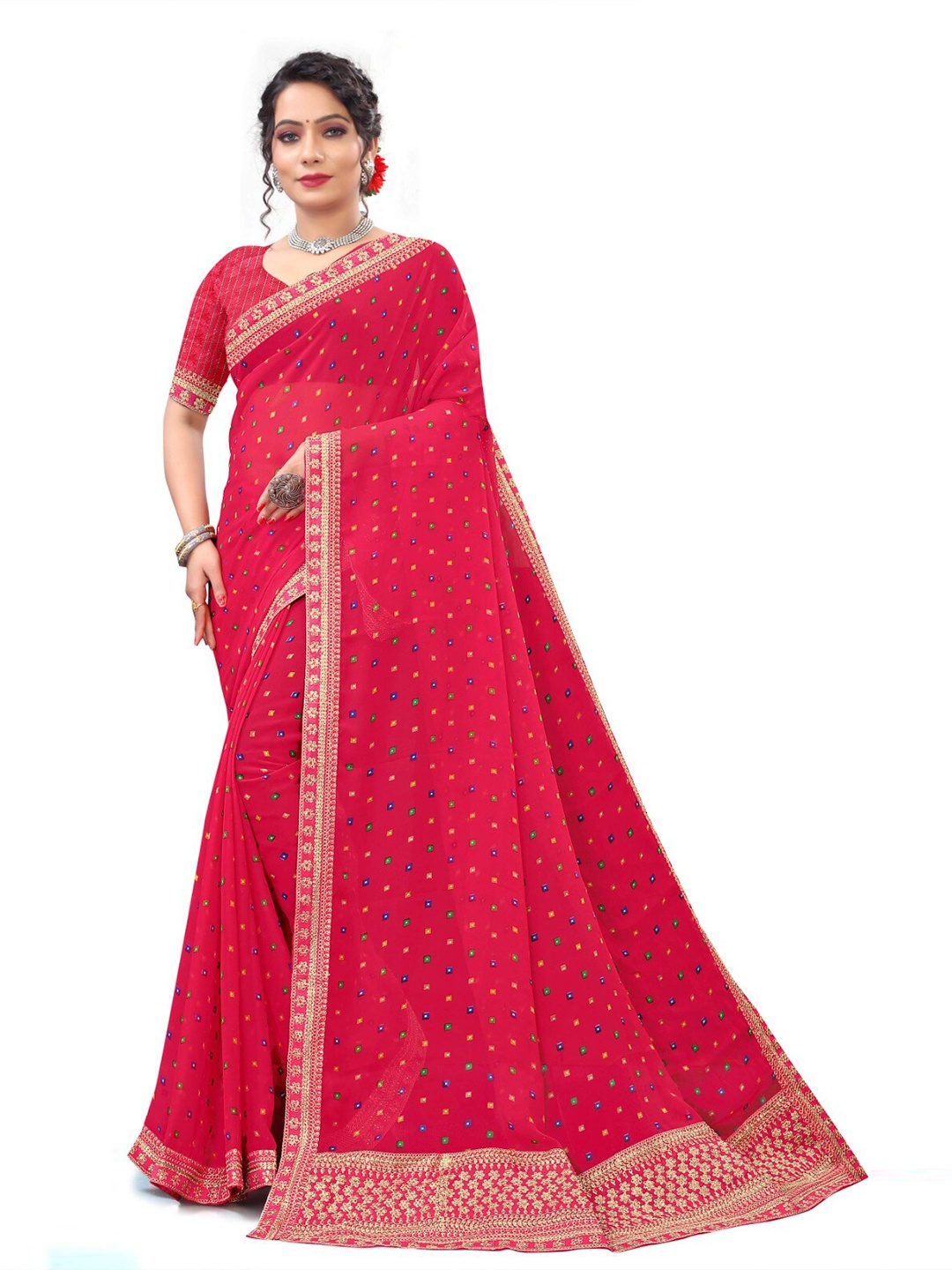 

V TEX SAREES Embroidered Pure Georgette Bandhani Saree, Pink
