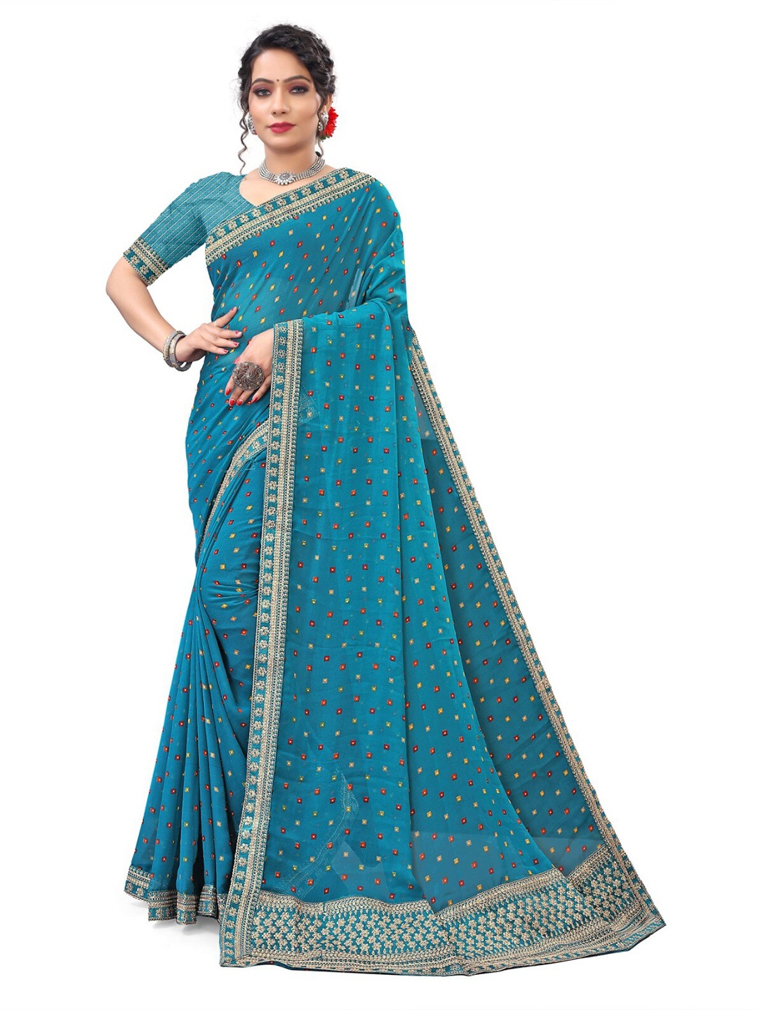 

V TEX SAREES Embroidered Pure Georgette Bandhani Saree, Blue