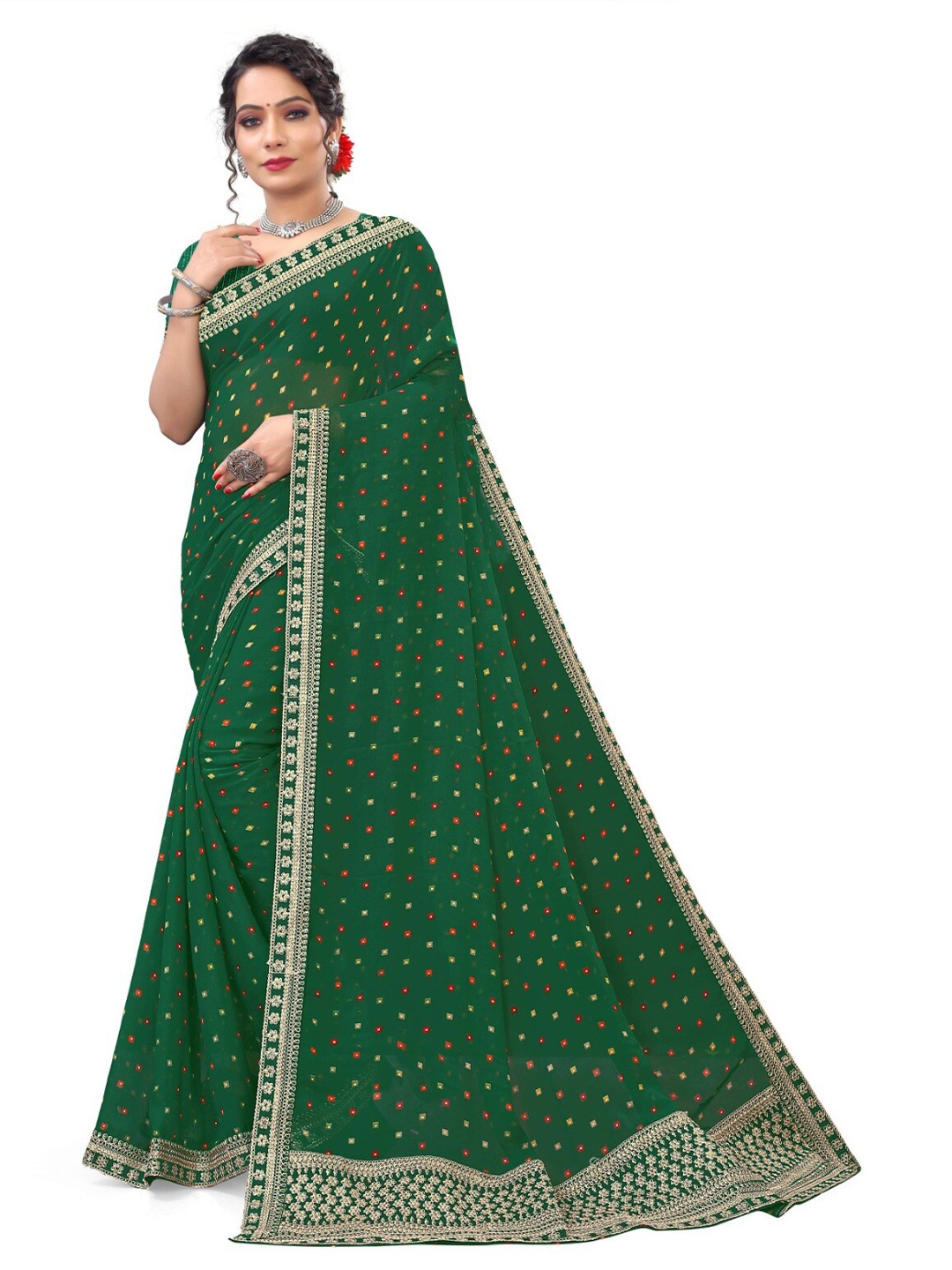 

V TEX SAREES Embroidered Pure Georgette Bandhani Saree, Green
