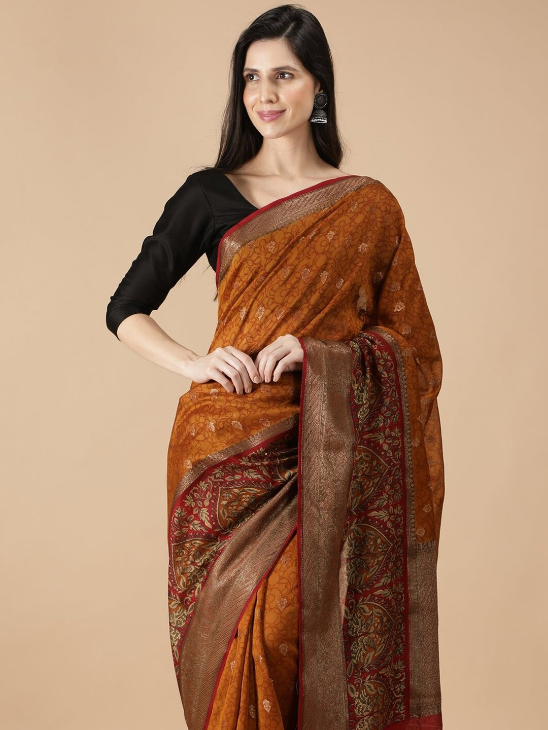 

KADHUWA BANARAS Floral Woven Design Zari Chanderi Saree, Mustard